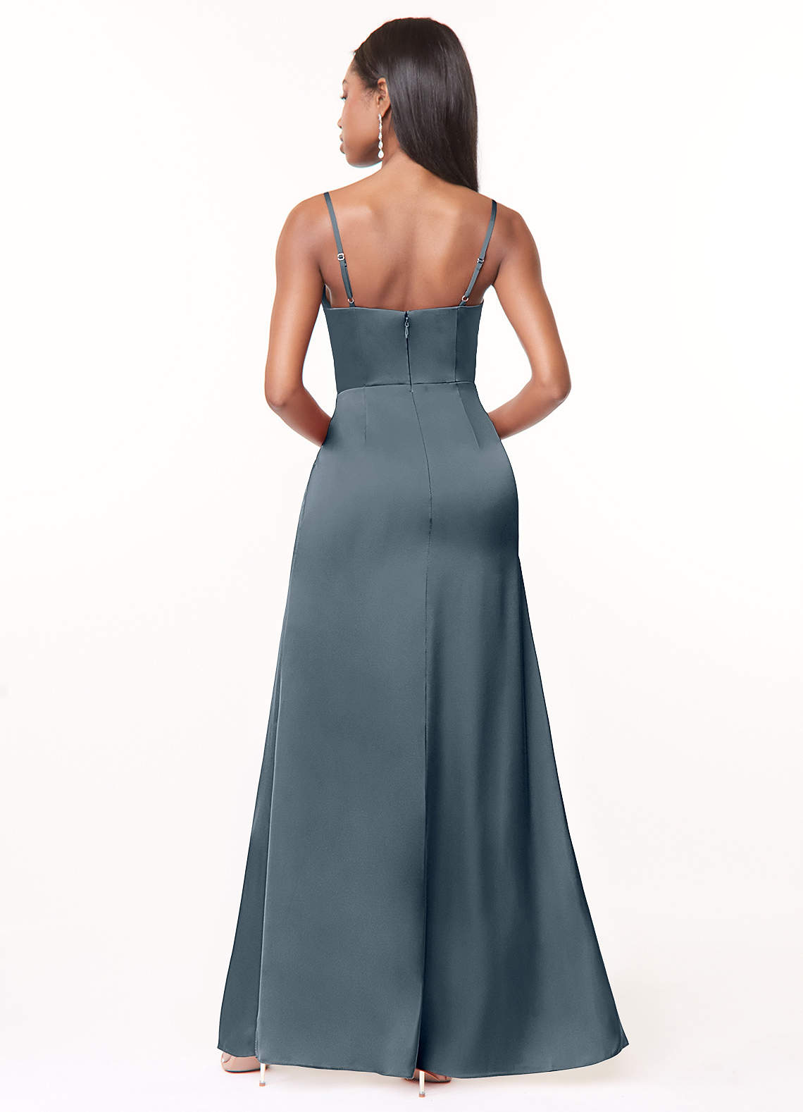 Maci A-Line V-Neck Stretch Satin Bridesmaid Dress in Twilight