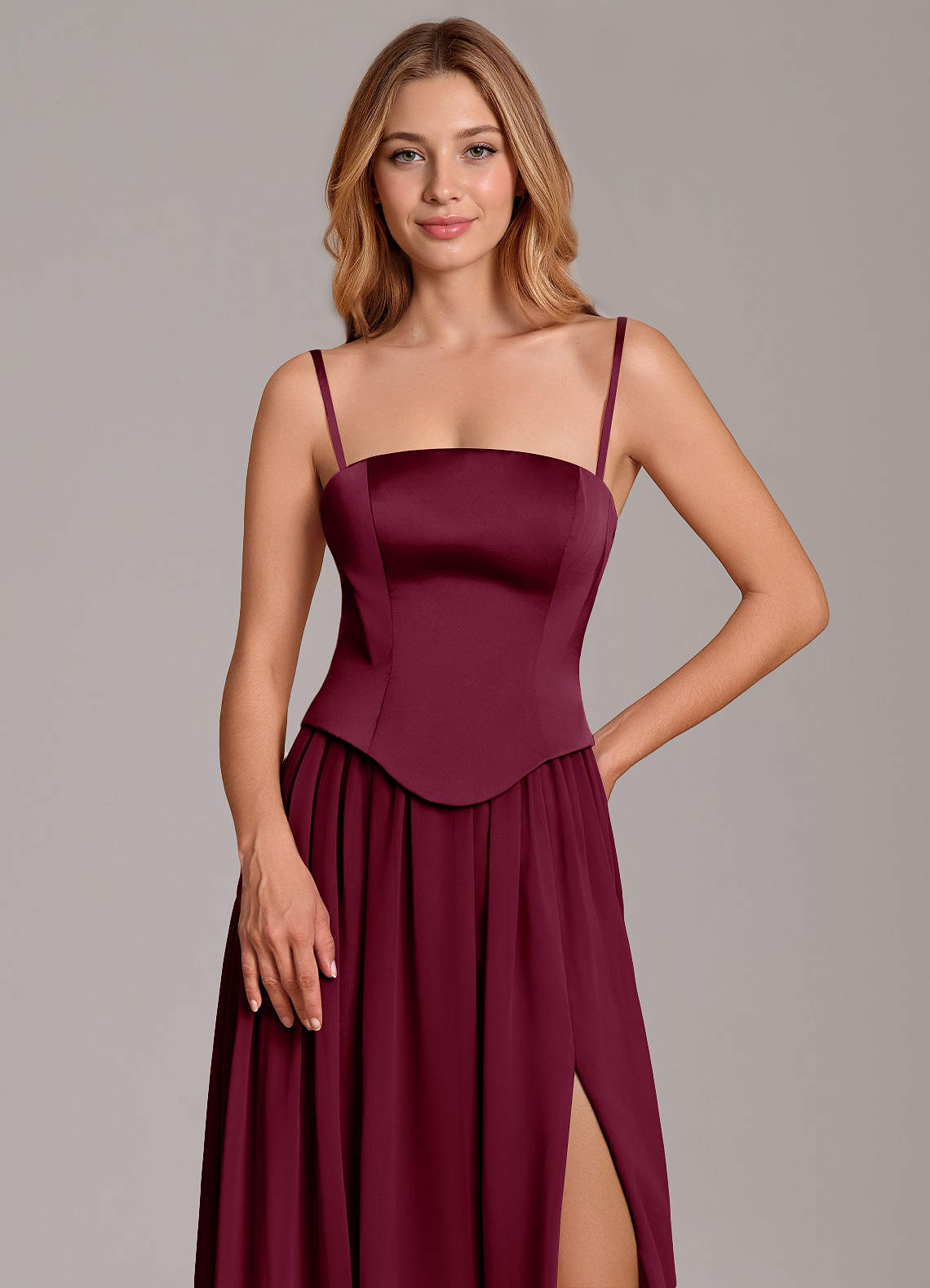 Cadence A-Line Strapless Chiffon and Stretch Satin Bridesmaid Dress in Mulberry