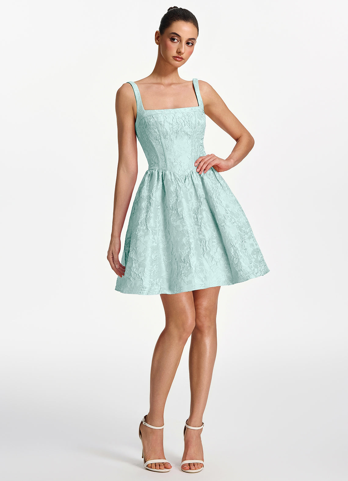 Lionelle Skater Mini Square-Neck Jacquard Prom Dress in Mint Green - photo 5