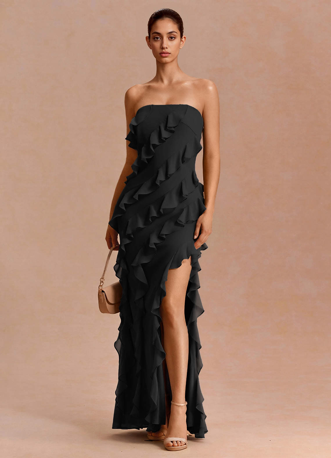 Eira A-Line Ruffle Chiffon Evening Dress in Truffle