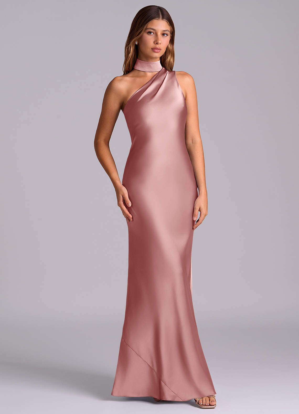 Seona Mermaid One-Shoulder Stretch Satin and Tulle Bridesmaid Dress in dusty rose
