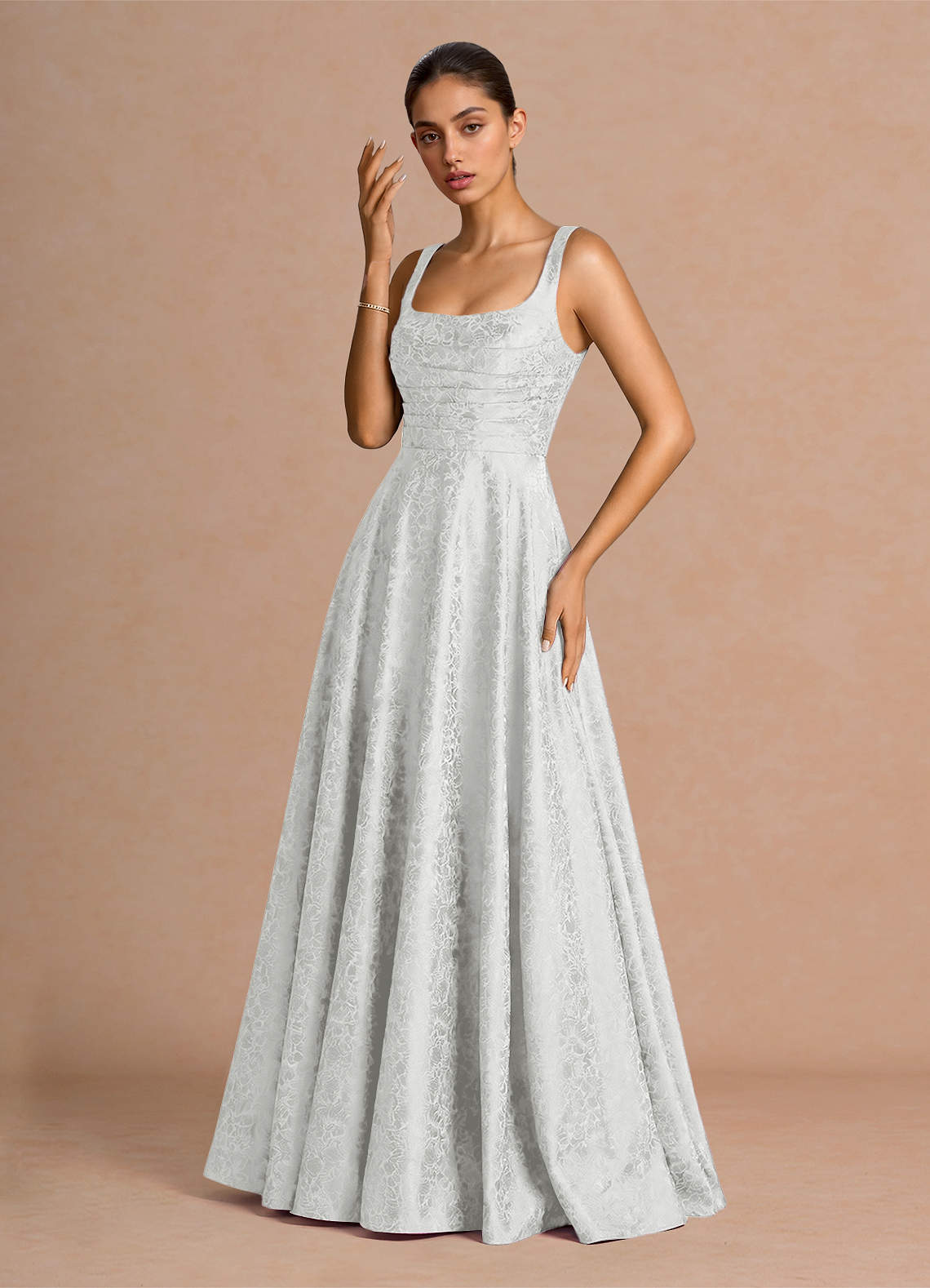 Elowena A-Line Square-Neck Satin Jacquard Evening Dress in Sky Blue