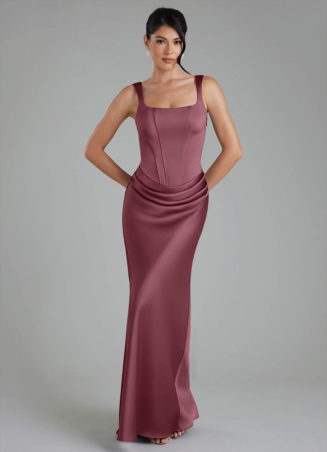 Etta Mermaid Square-Neck Stretch Satin Bridesmaid Dress in Desert Rose
