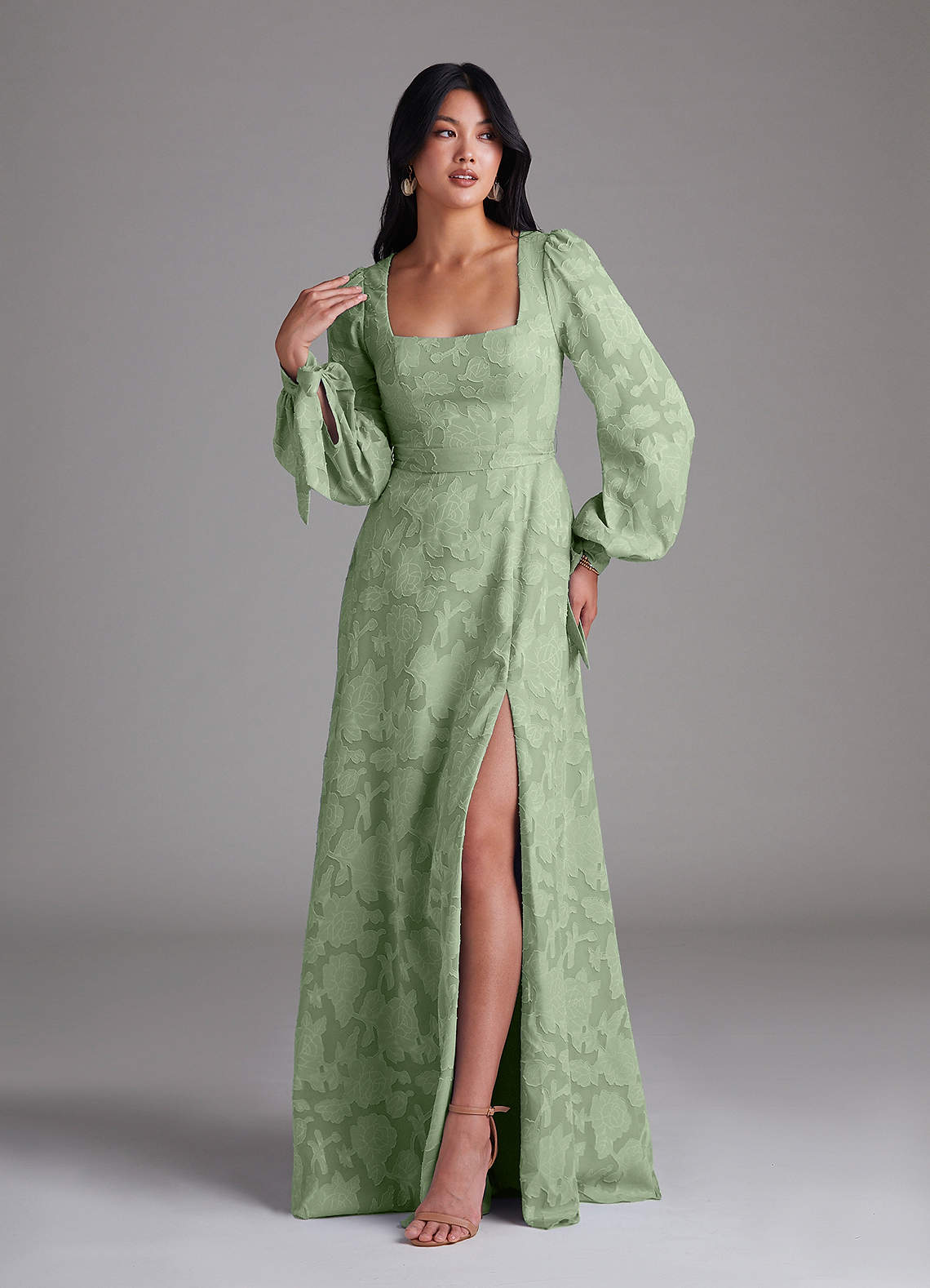 Leonia A-Line Square-Neck Stretch Satin Bridesmaid Dress in Dusty Sage
