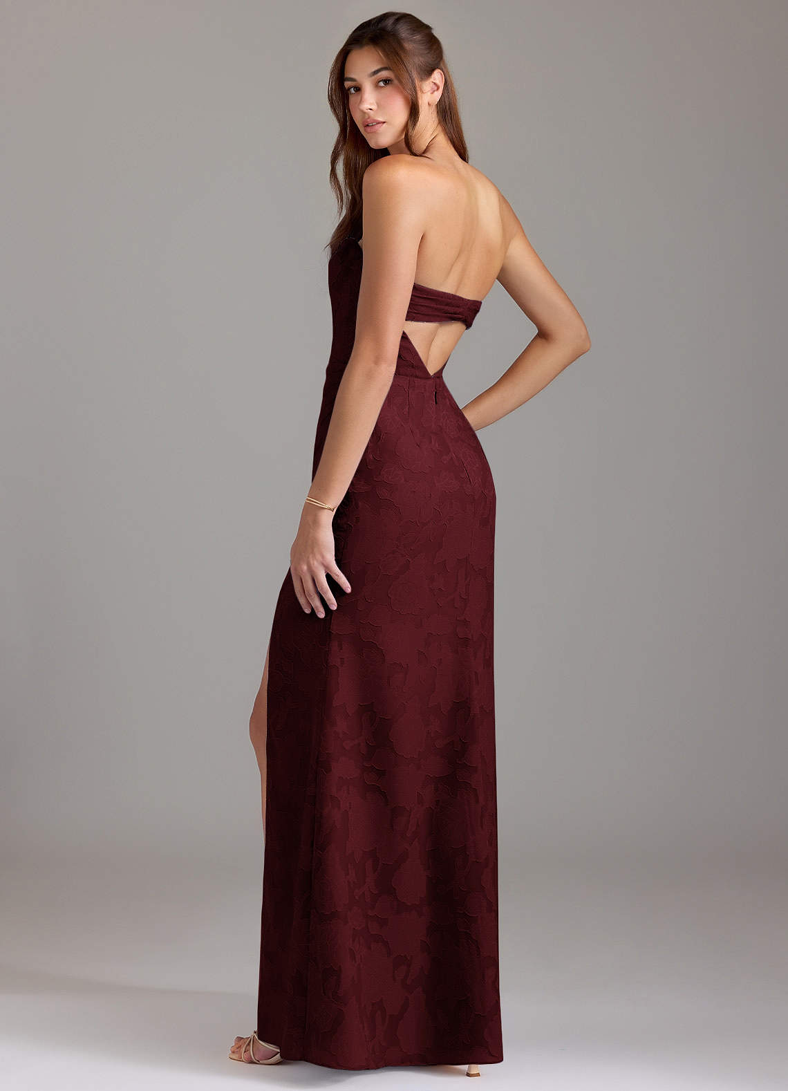 Leonis Sheath Strapless Floral Burnout Bridesmaid Dress in Cabernet