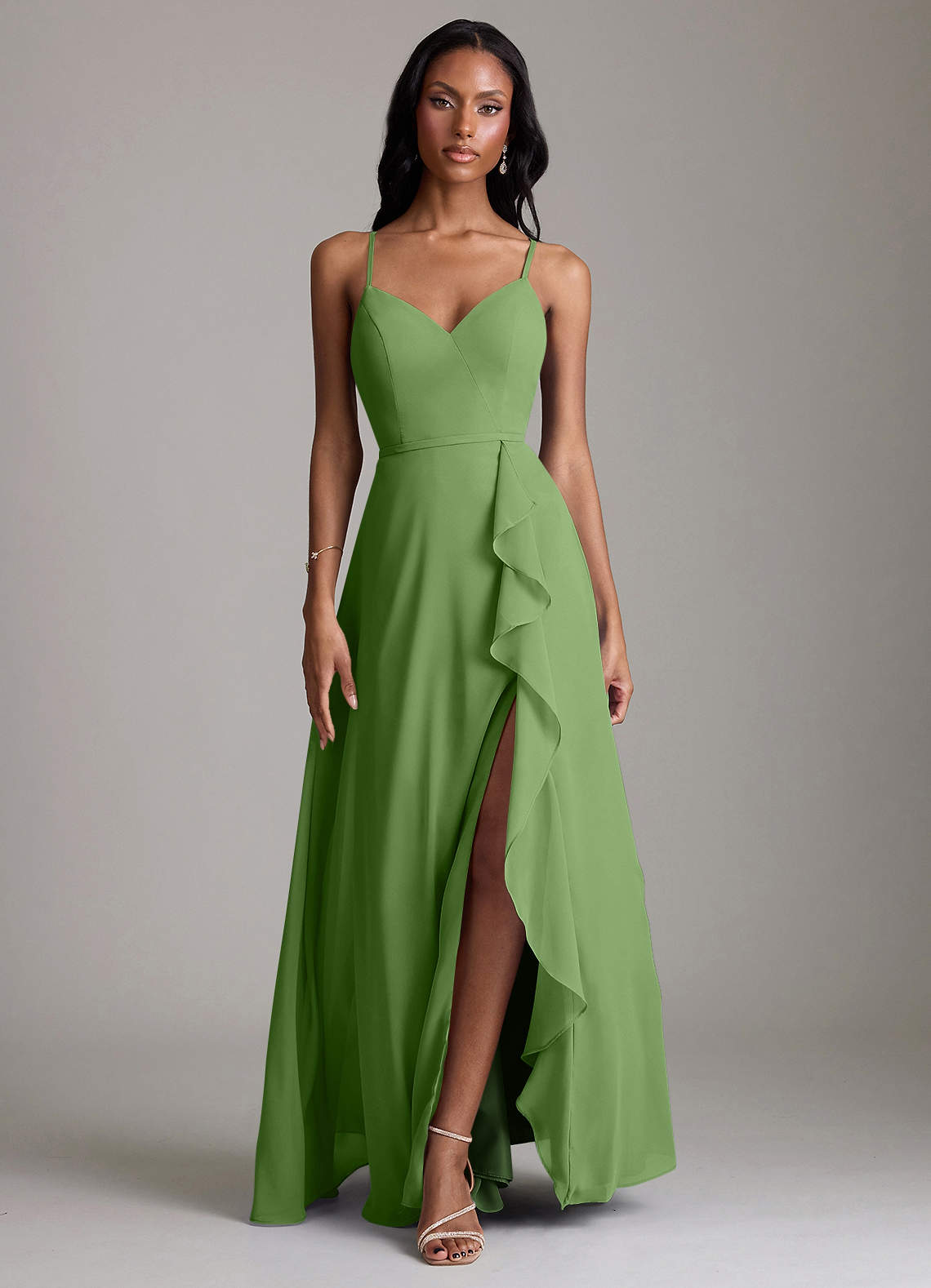 Naeem A-Line V-Neck Chiffon Bridesmaid Dress in Basil