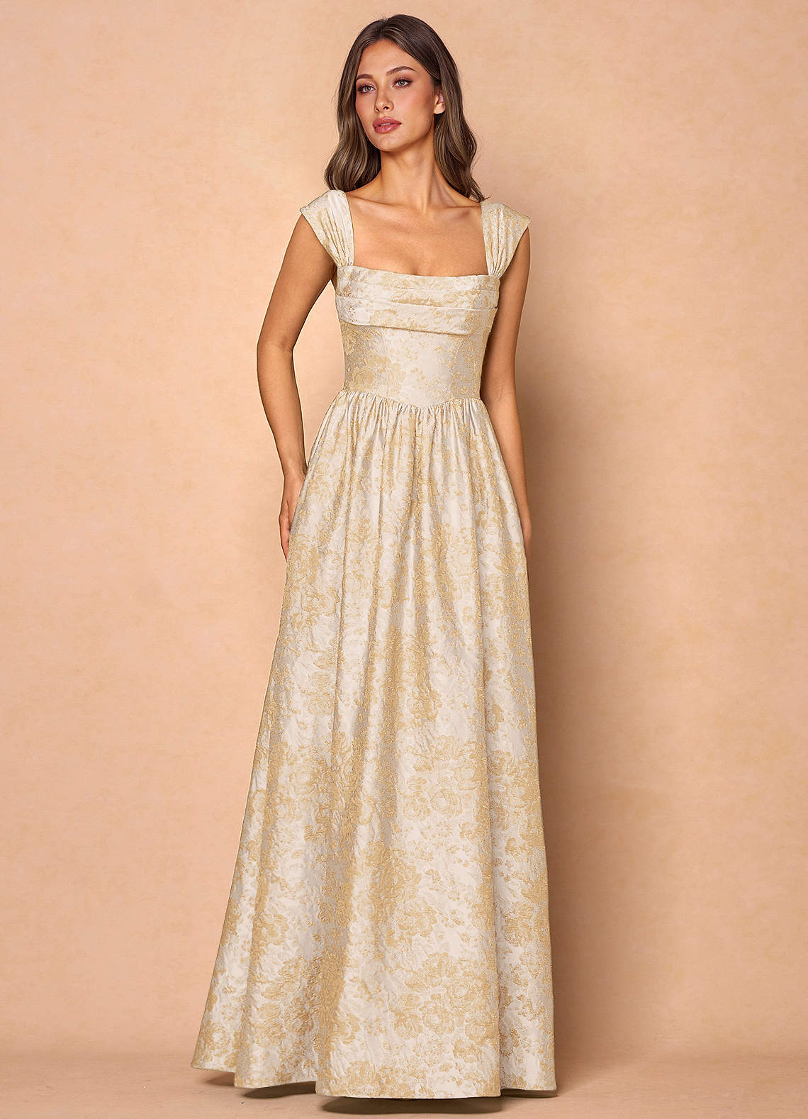 Runa Ball Gown Pleated Jacquard Taffeta Evening Dress in Vintage Champagne
