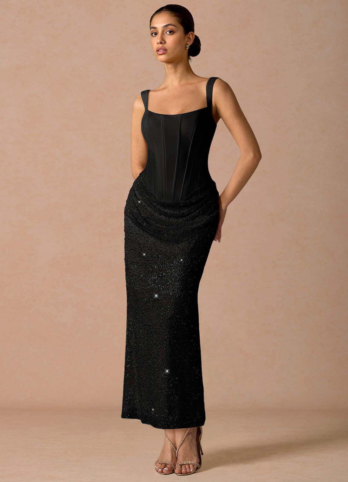 Niamh A-Line Square-Neck Chiffon Tulle Evening Dress in black