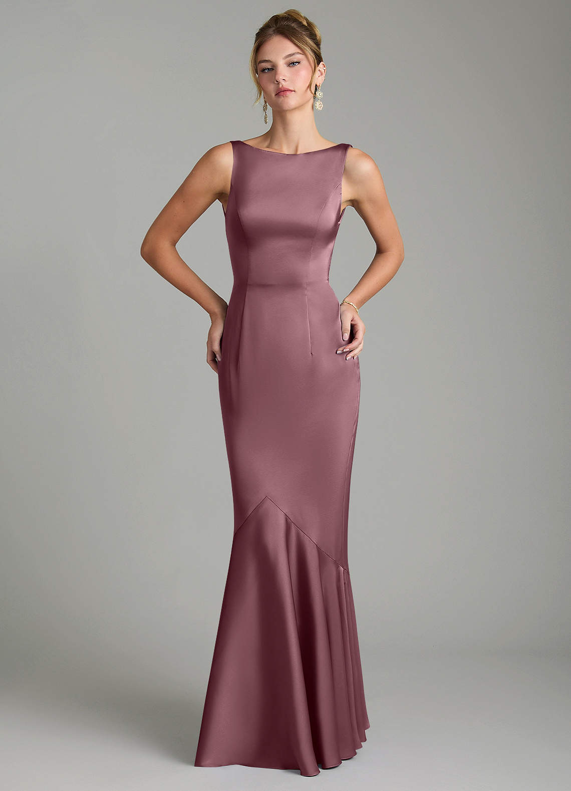 Tamera Mermaid Boat-Neck Stretch Satin and Chiffon Bridesmaid Dress in Amethyst