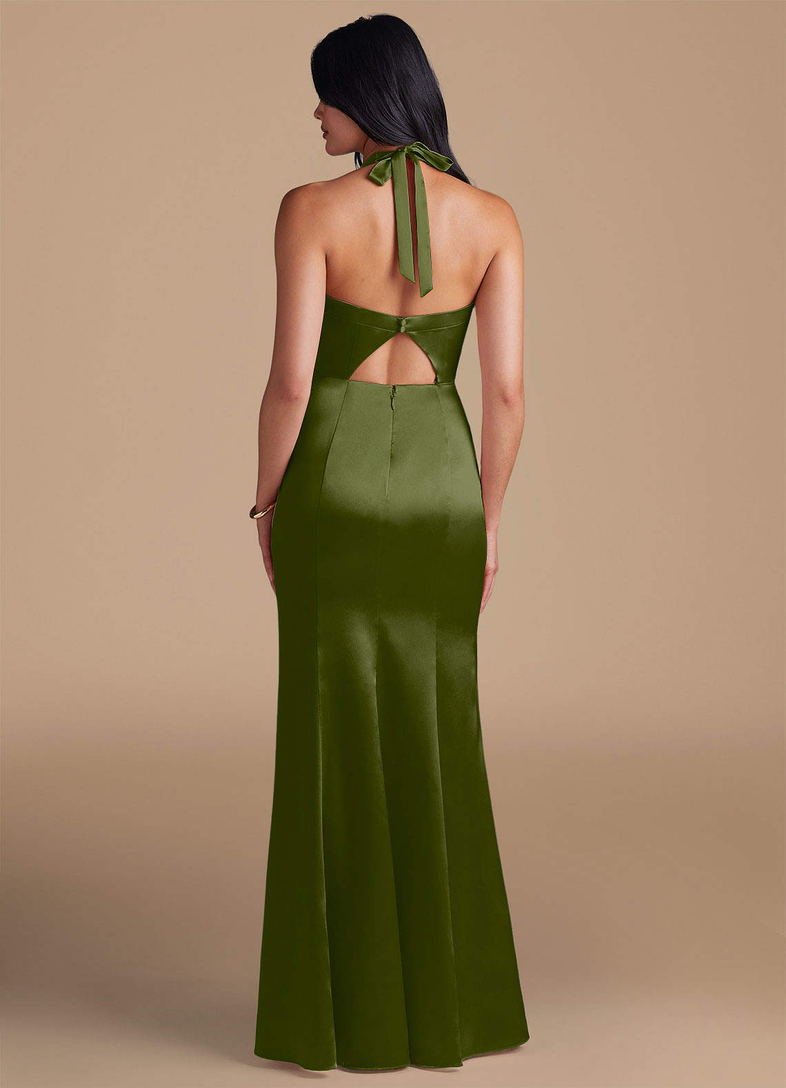 Emeria Sheath Halter Metallic Satin Bridesmaid Dress in Olive