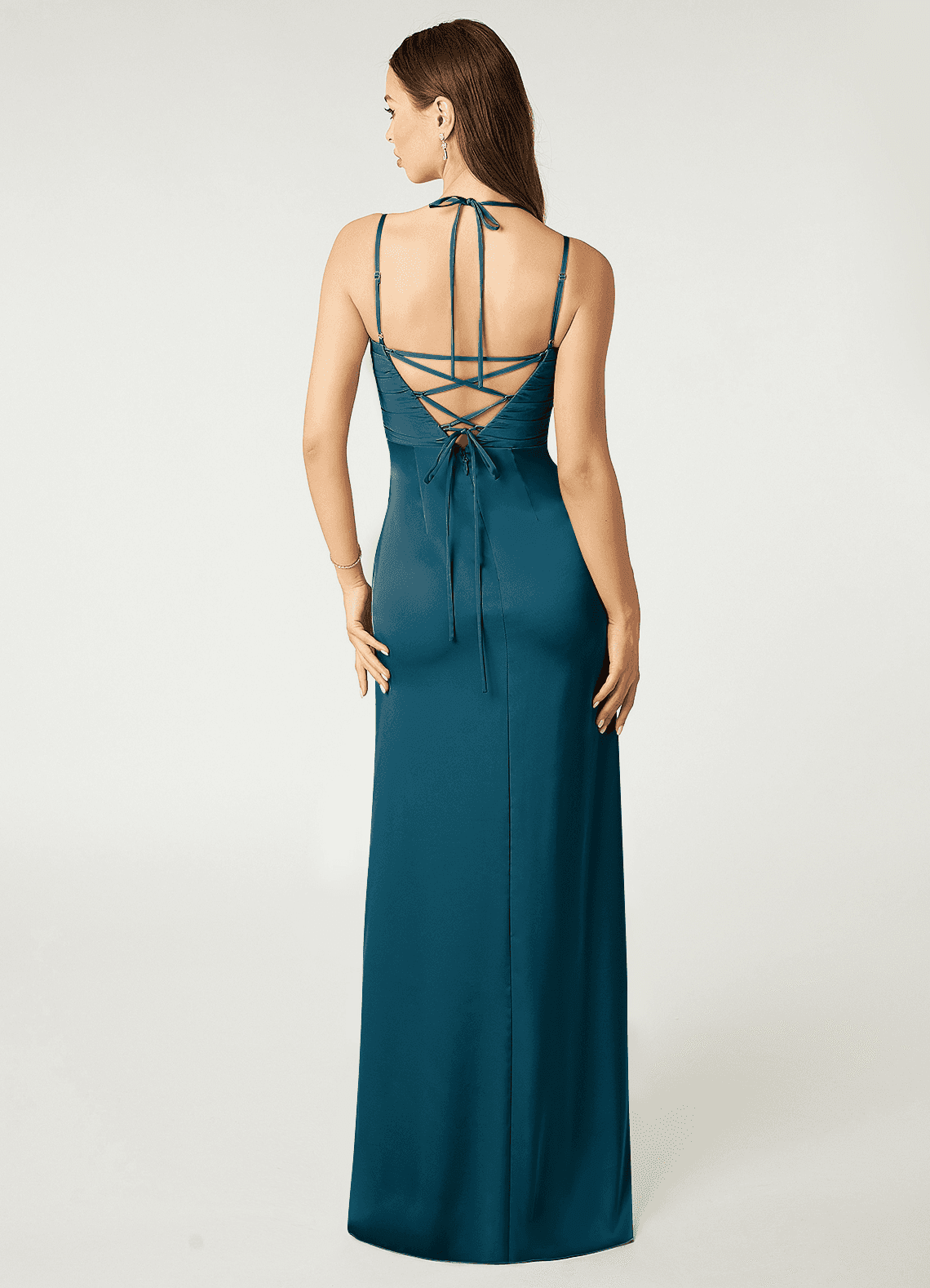 Desi Sheath Halter Stretch Satin Bridesmaid Dress in Ink Blue