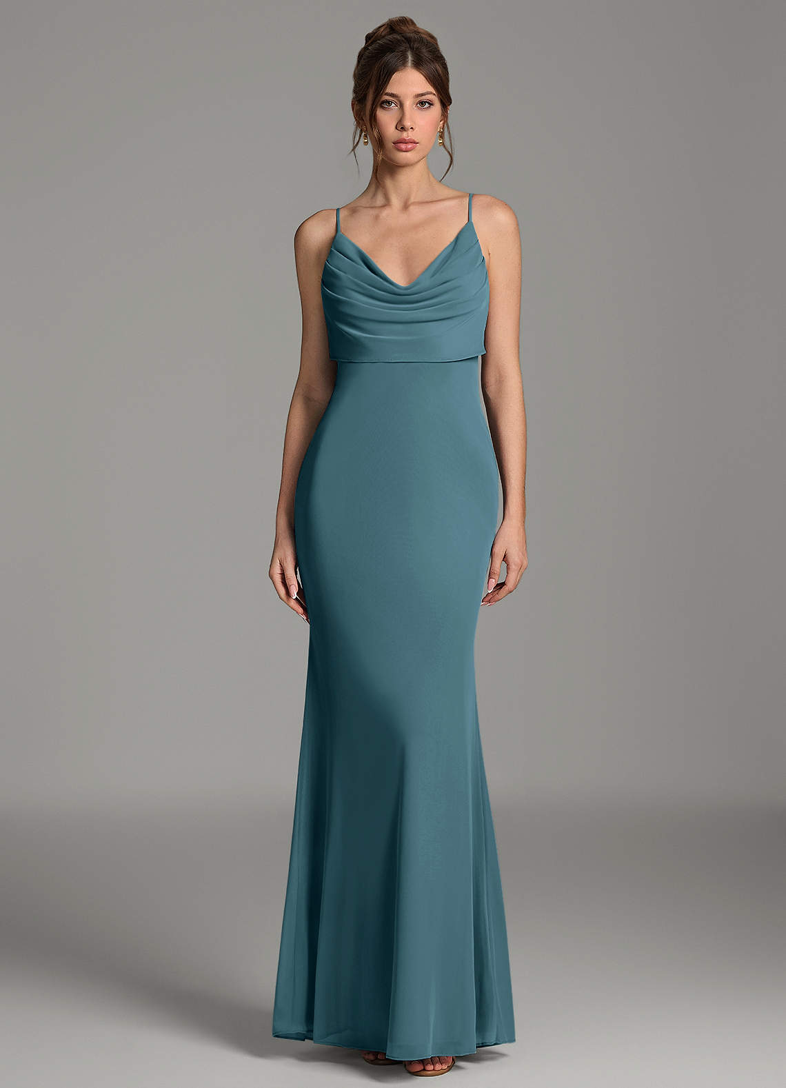 Zari Mermaid Cowl-Neck Mesh Bridesmaid Dress in Bermuda