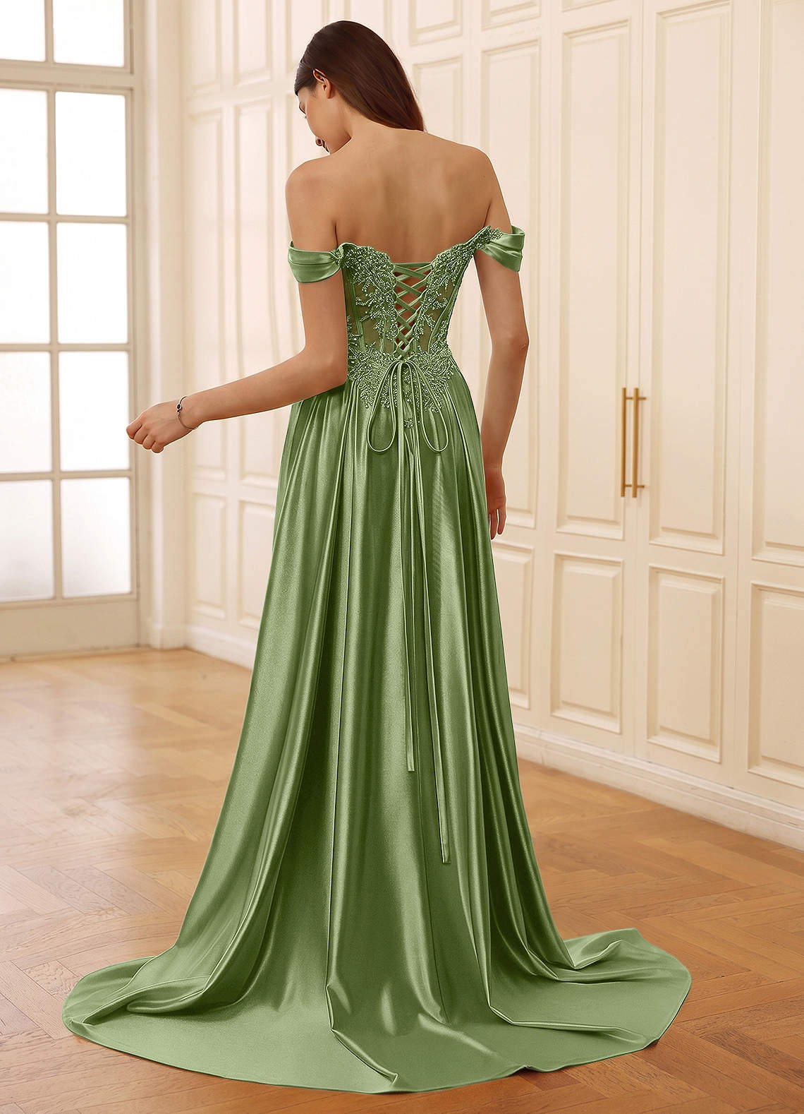Rowane A-Line Off-the-Shoulder Satin Evening Dress in Olive