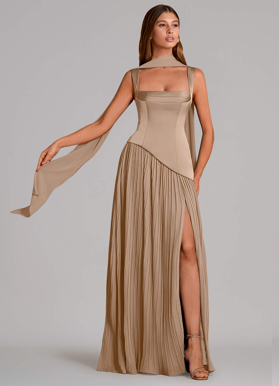 Stephanie A-Line Square-Neck Stretch Satin and Chiffon Bridesmaid Dress in Taupe