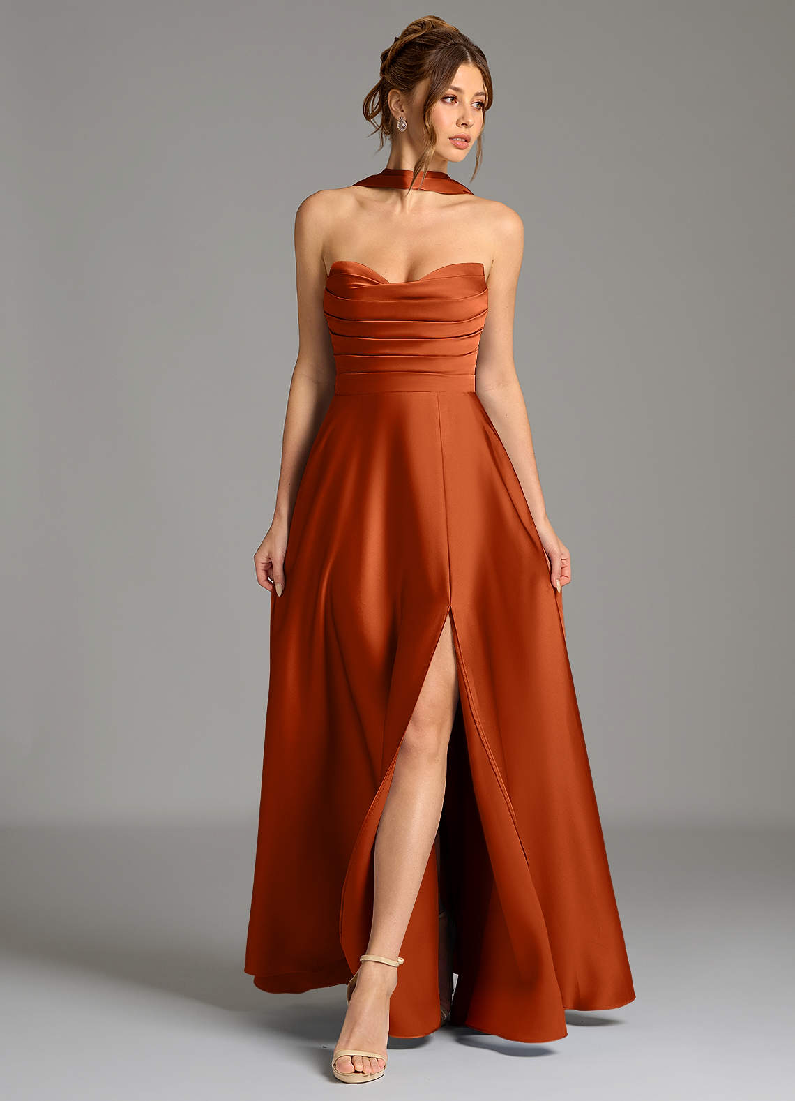 Ayla A-Line Sweetheart Stretch Satin Bridesmaid Dress in Burnt Orange