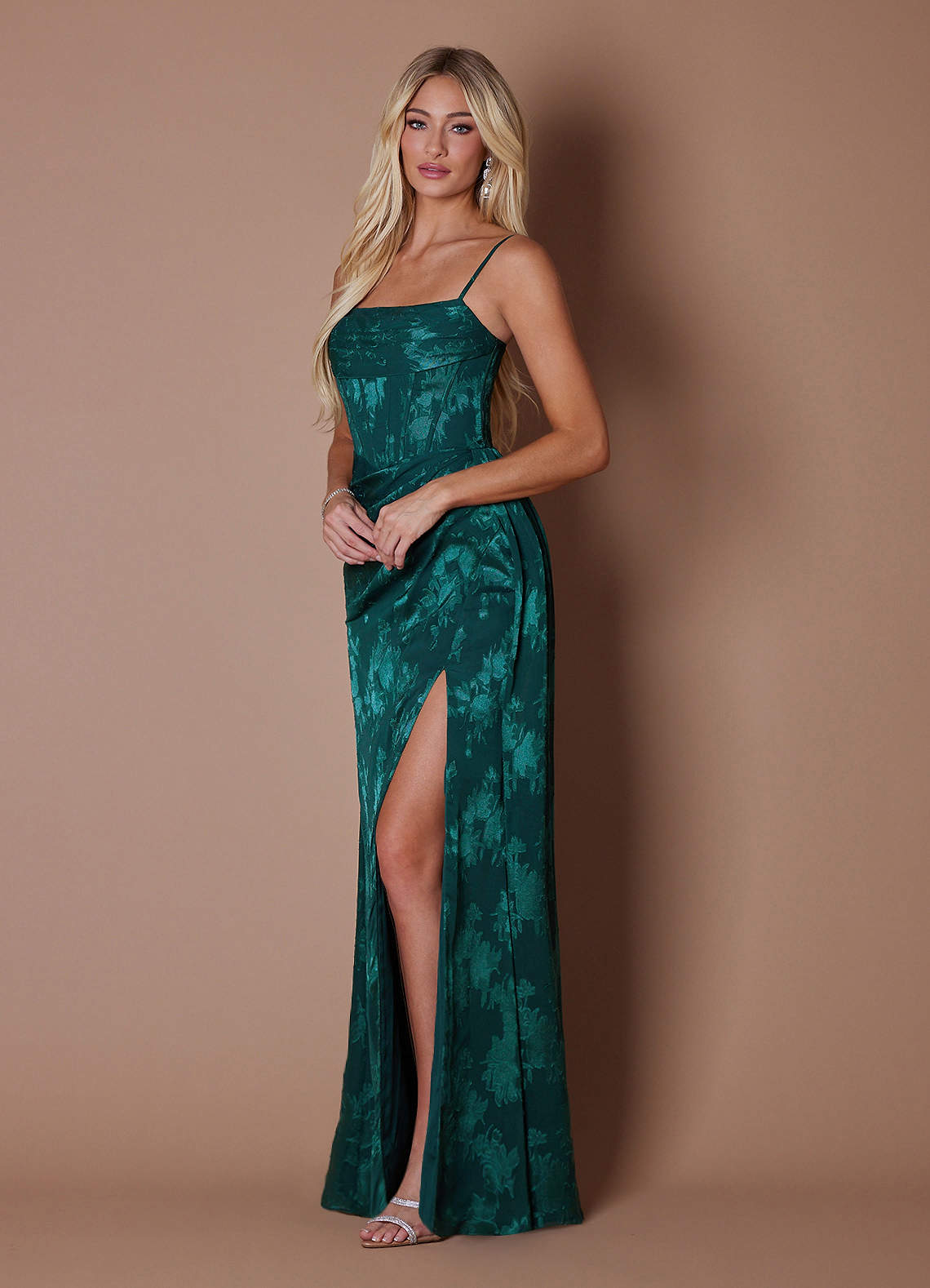 Lea Sheath Straight-Neck Burnout Evening Dress in Dark Emerald