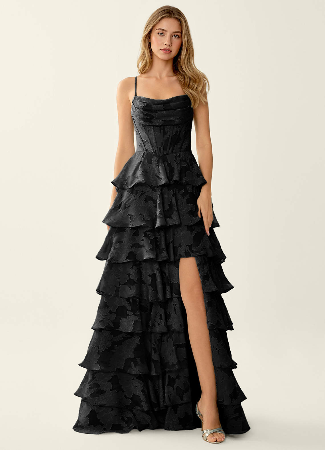 Wrenana A-Line Cowl-Neck Floral Burnout Evening Dress in Dark Green