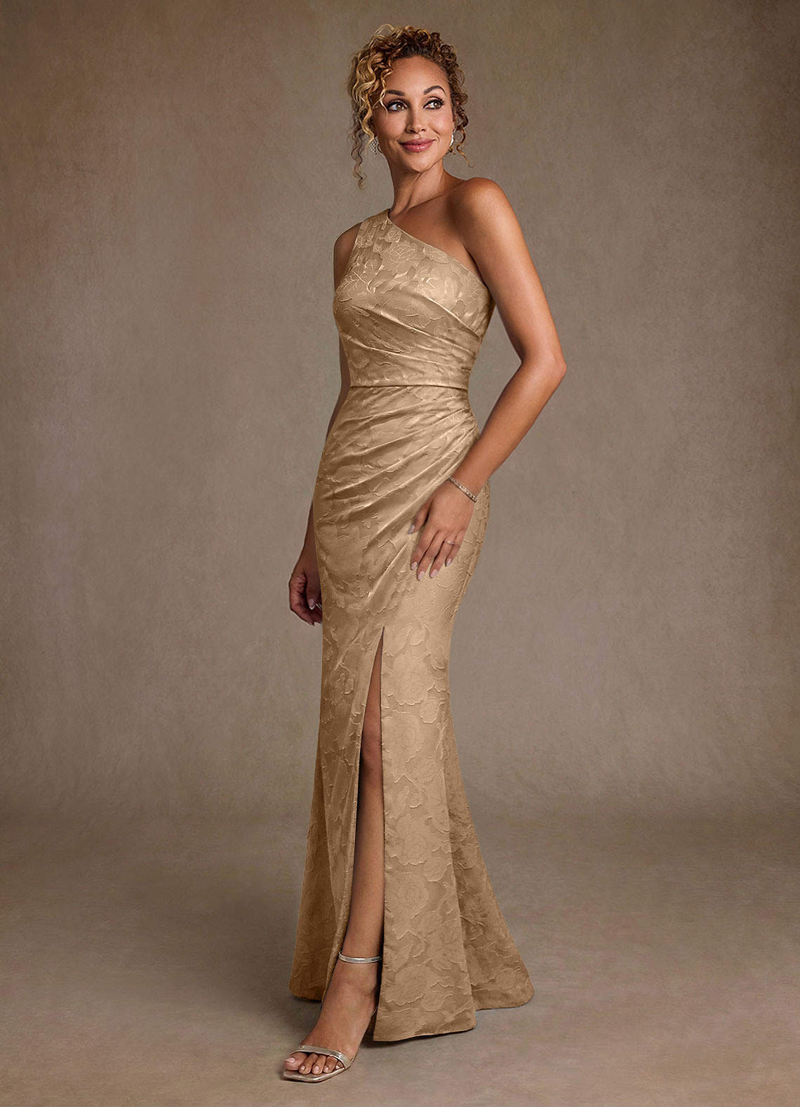 Joylin Trumpet One-Shoulder Floral Burnout Mother of the Bride Dress in champagne