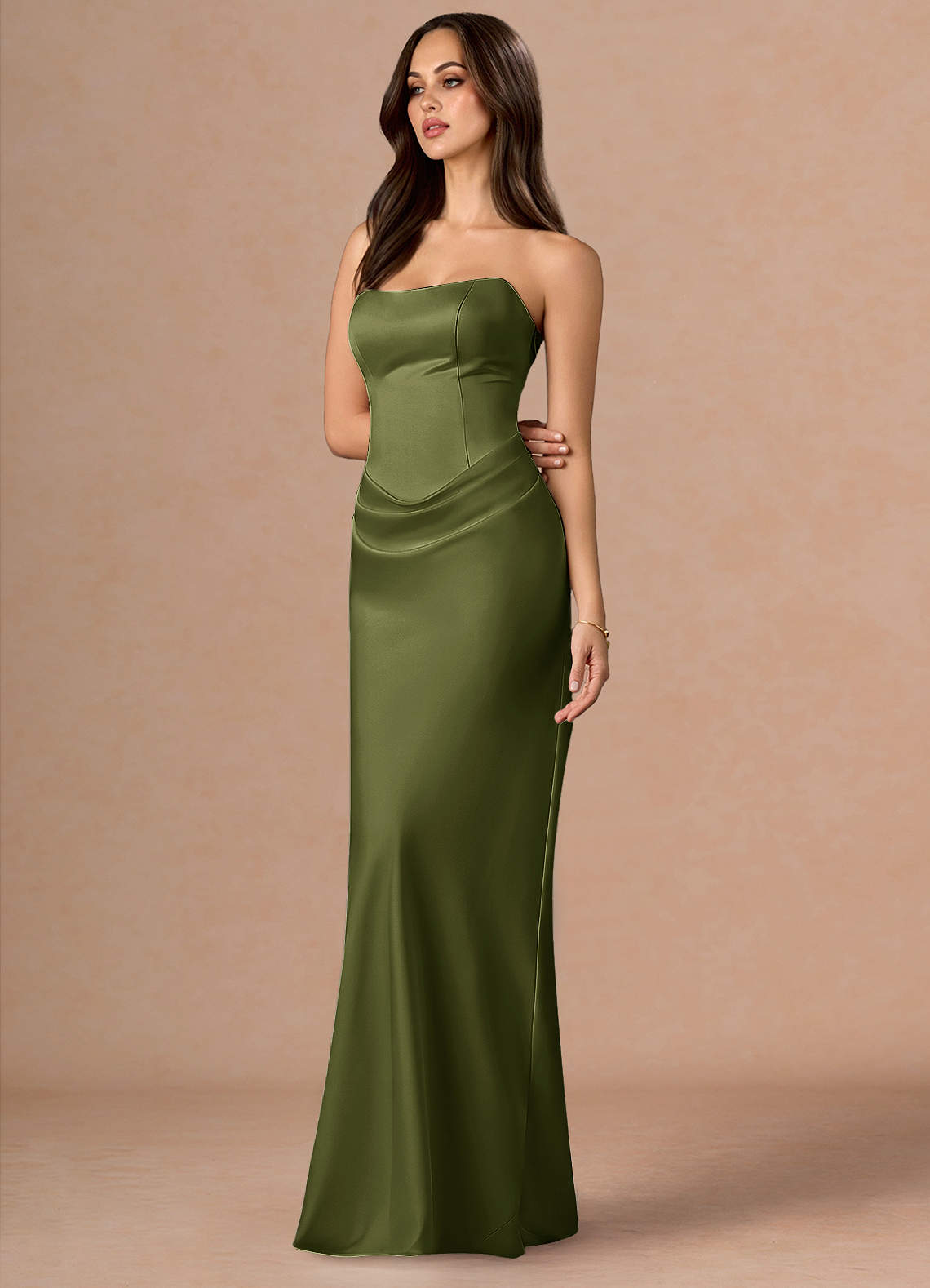Valencia Scarf Lace-Up Stretch Satin Evening Dress in Olive