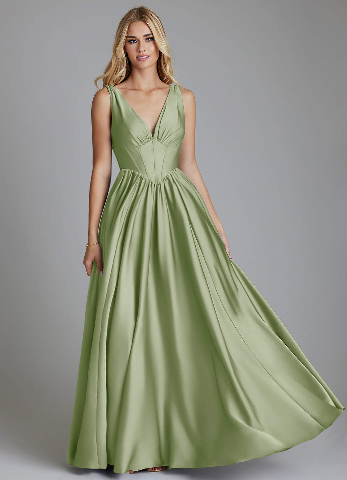 Delmie A-Line V-Neck Stretch Satin Bridesmaid Dress in Dusty Sage