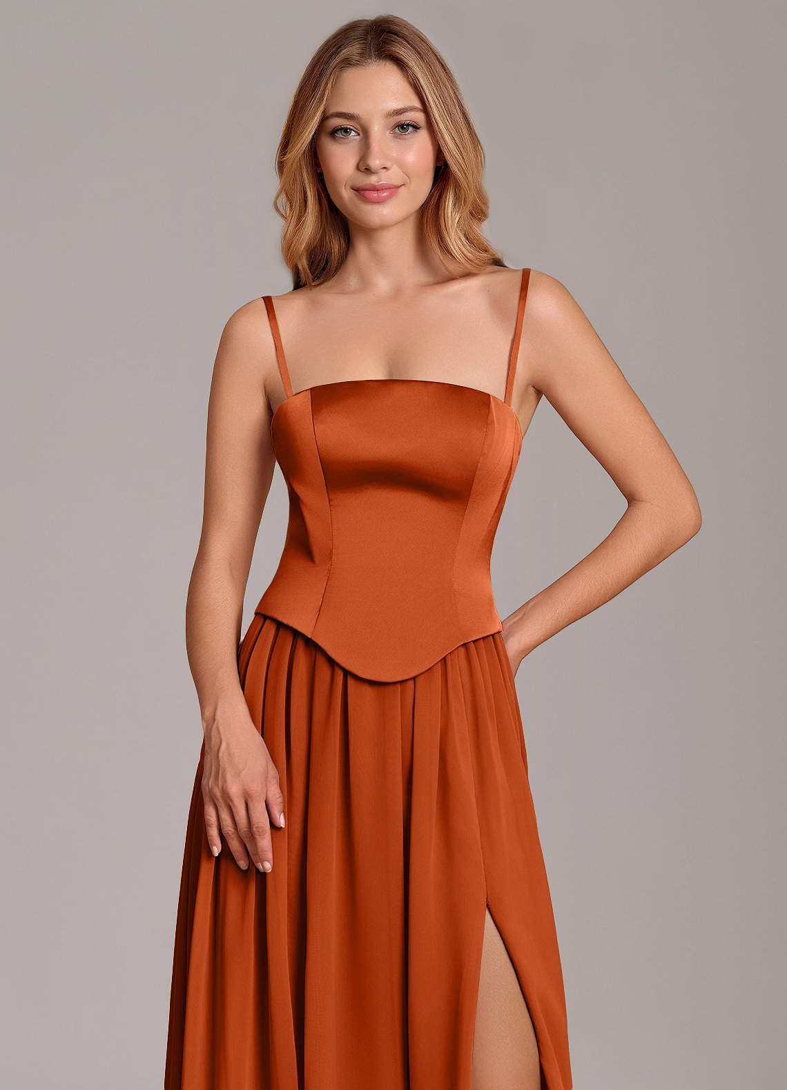 Cadence A-Line Strapless Chiffon and Stretch Satin Bridesmaid Dress in Burnt Orange