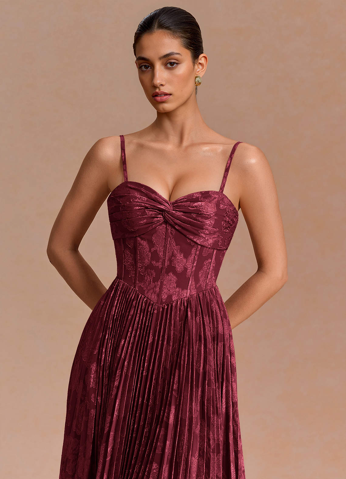 Delfina A-Line Twisted-Bust Fil Coupé Evening Dress in Wine