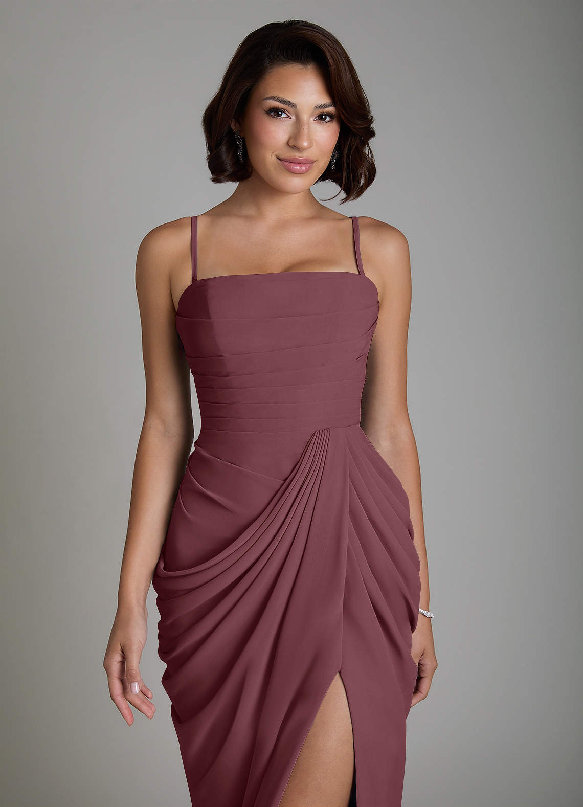 Nyra Sheath Strapless Chiffon Bridesmaid Dress in Sangria