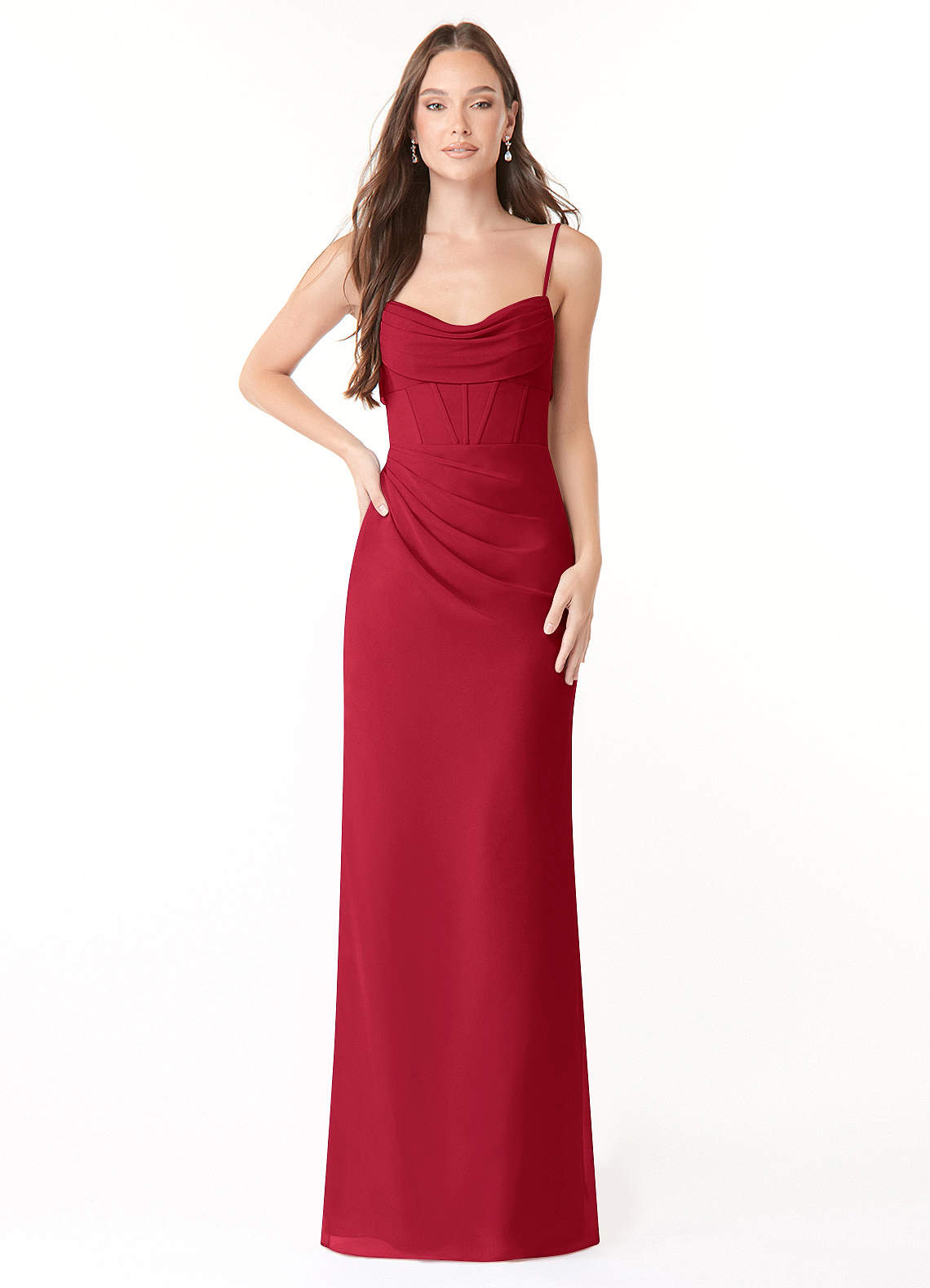 Mai Sheath Cowl-Neck Chiffon Bridesmaid Dress in Scarlet