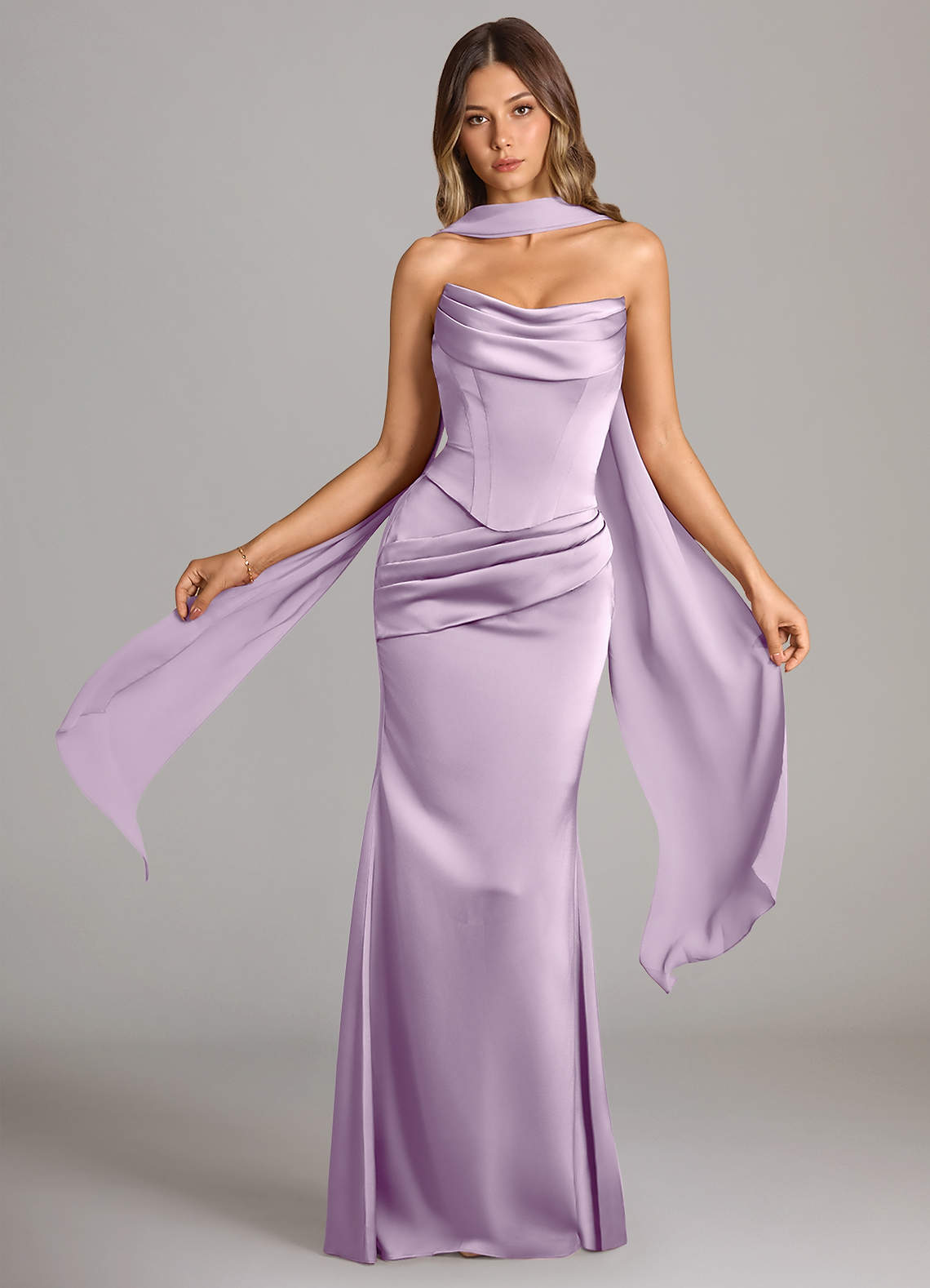 Sorrel Mermaid Cowl-Neck Stretch Satin and Chiffon Bridesmaid Dress in Frosted Lilac