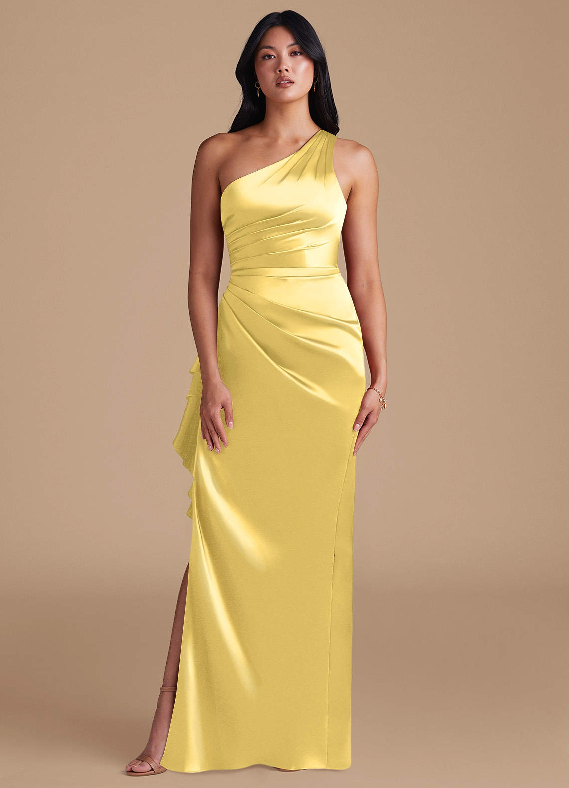 Latrice Sheath One-Shoulder Metallic Satin Bridesmaid Dress in Canary