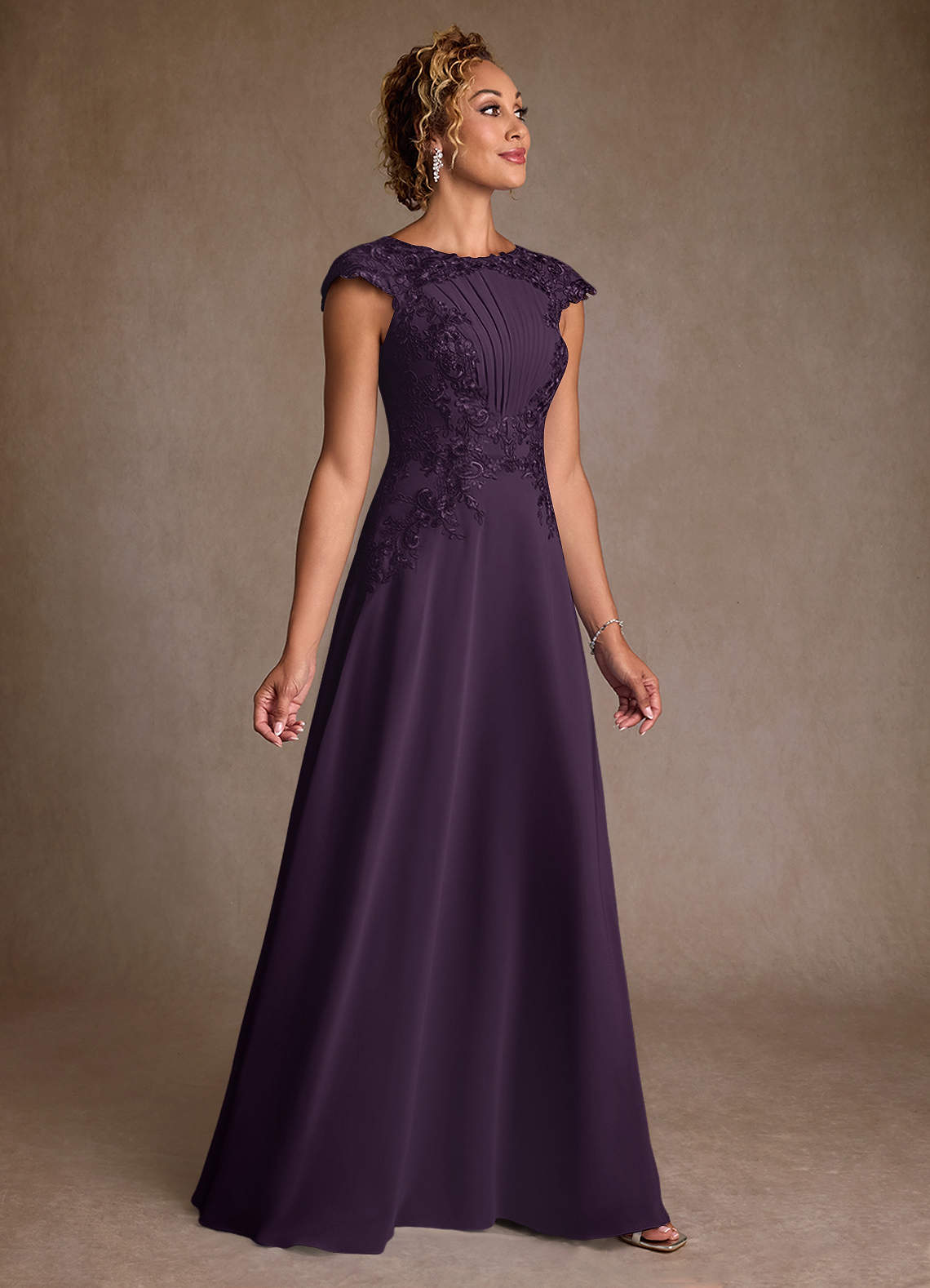 Christi A-Line Scoop-Neck Chiffon and Lace Mother of the Bride Dress in Plum