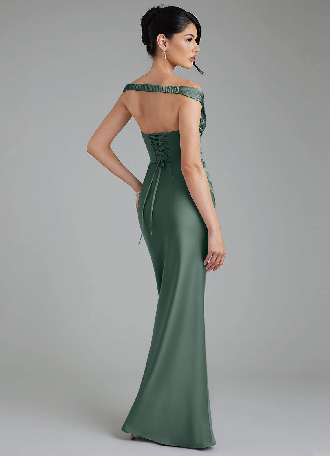 Stella Sheath V-Neck Stretch Satin Bridesmaid Dress in Sea Moss