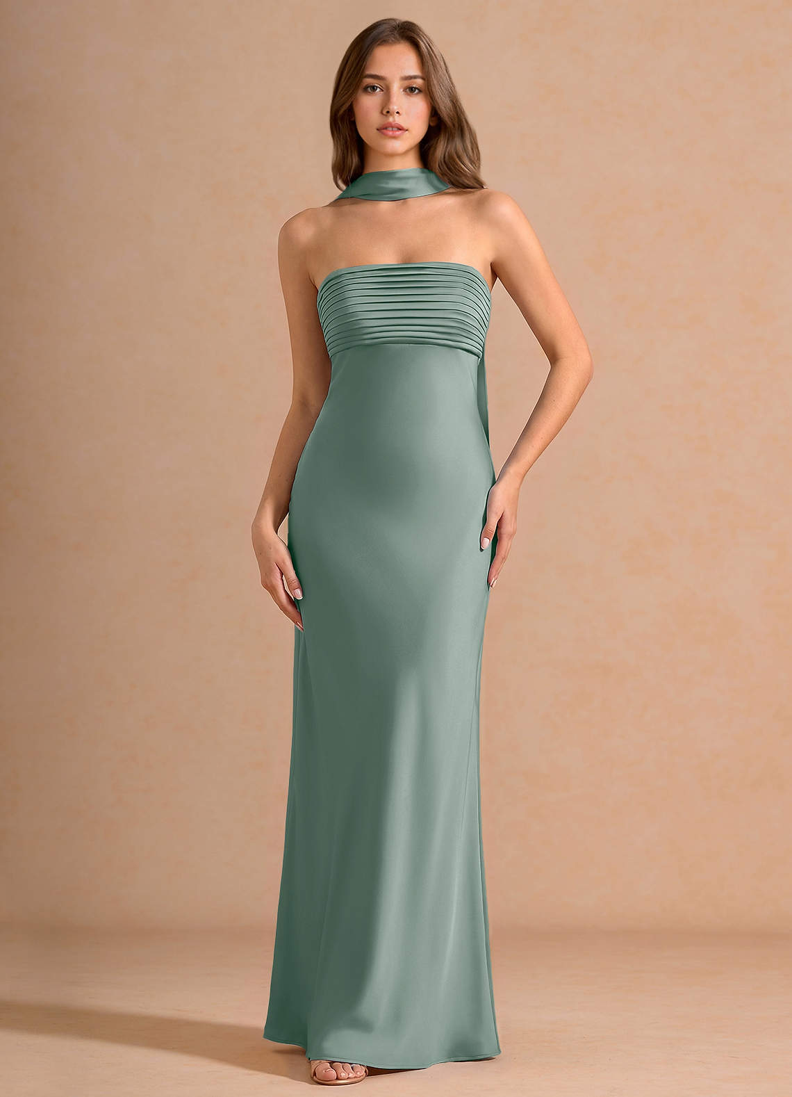 Seraphina A-Line Scarf Stretch Satin Evening Dress in Vintage Sage