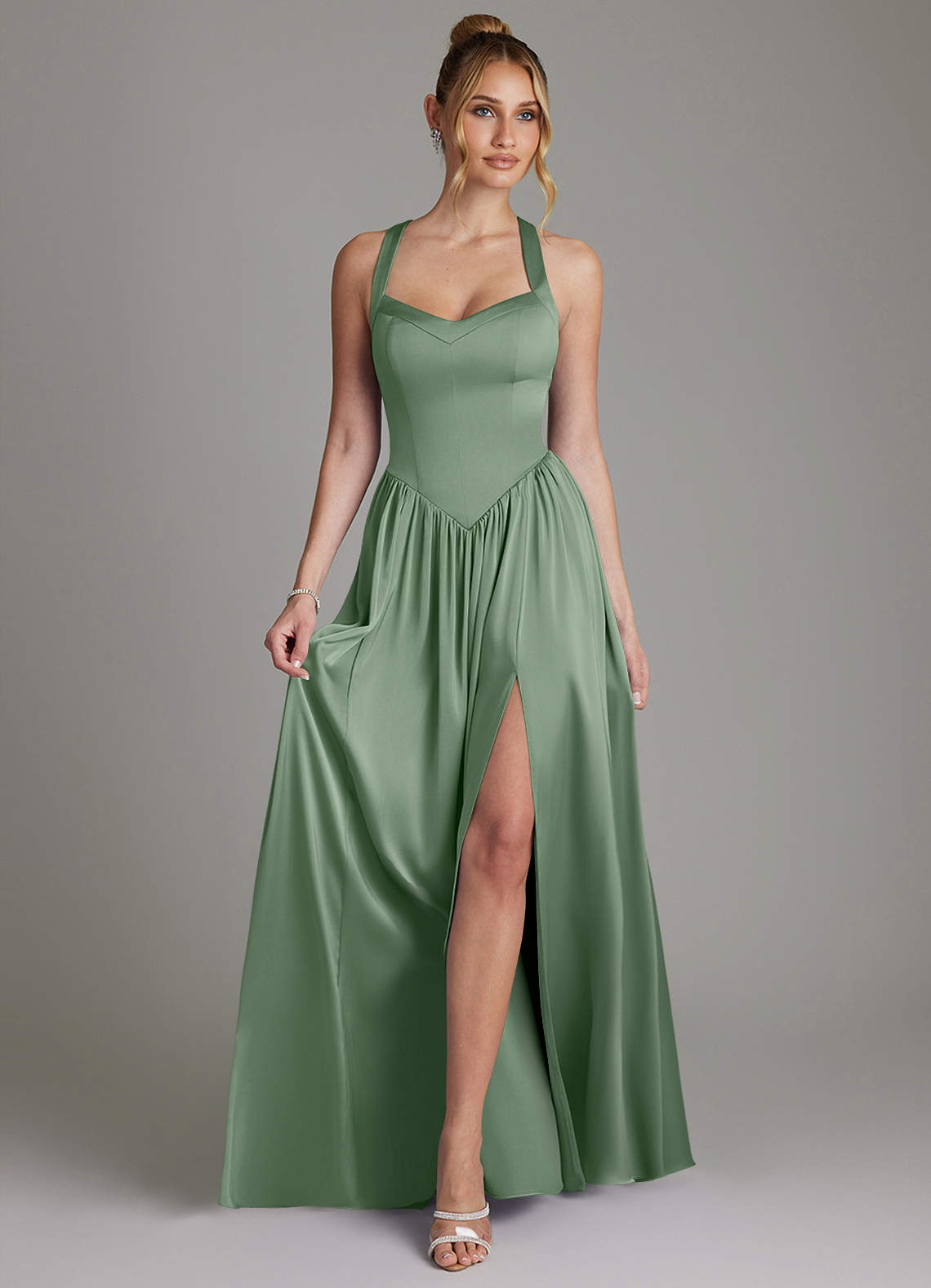Francis A-Line V-Neck Stretch Satin Bridesmaid Dress in Matcha