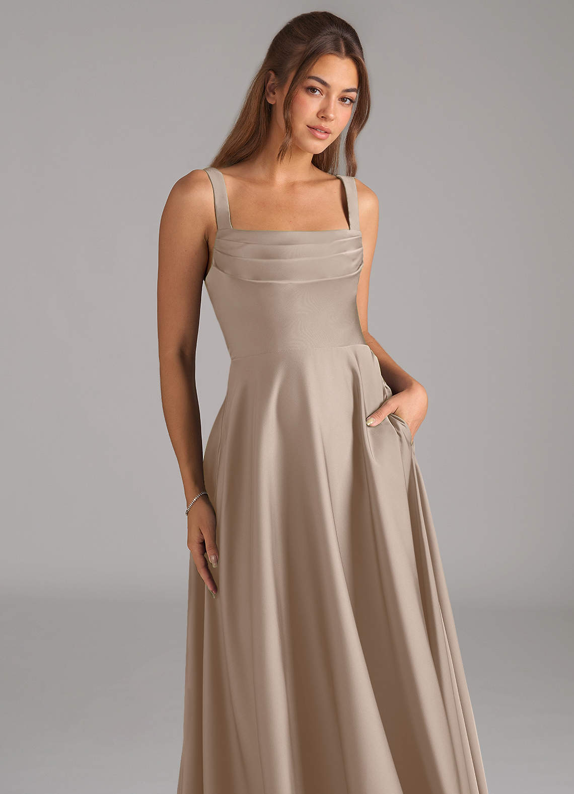 Shaude A-Line Square-Neck Stretch Satin Bridesmaid Dress in Taupe