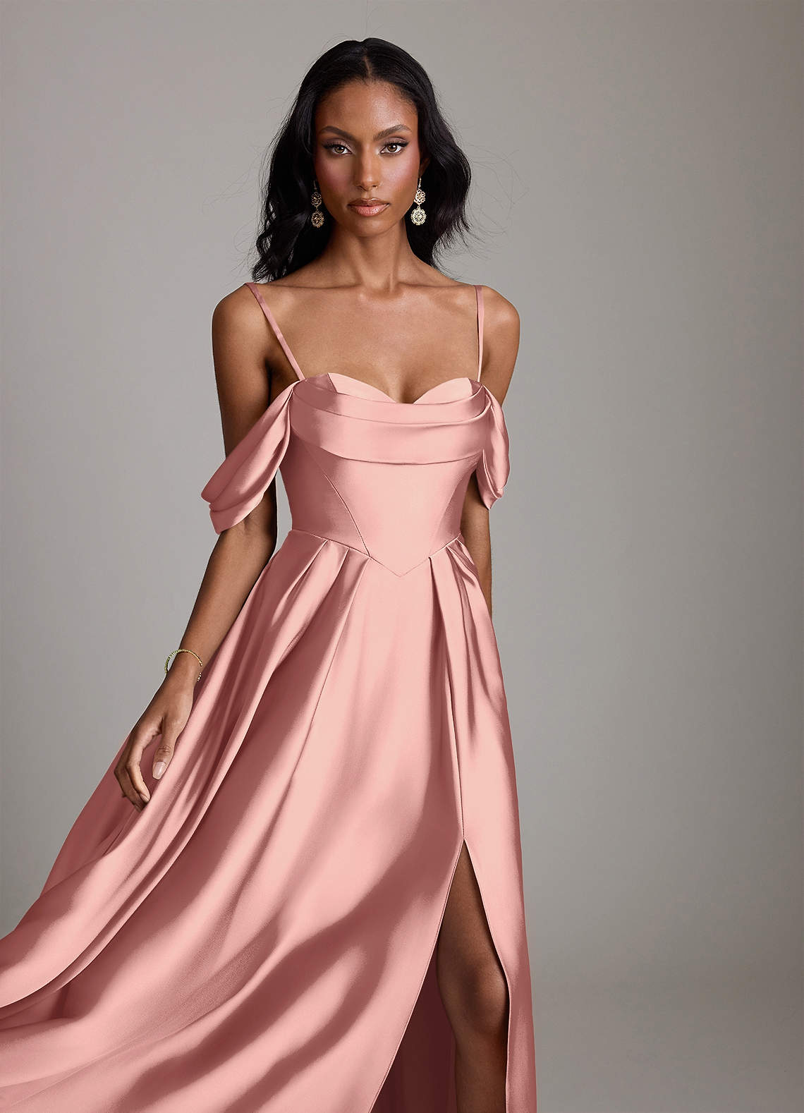 Loisa A-Line Off-the-Shoulder Stretch Satin Bridesmaid Dress in Rosette