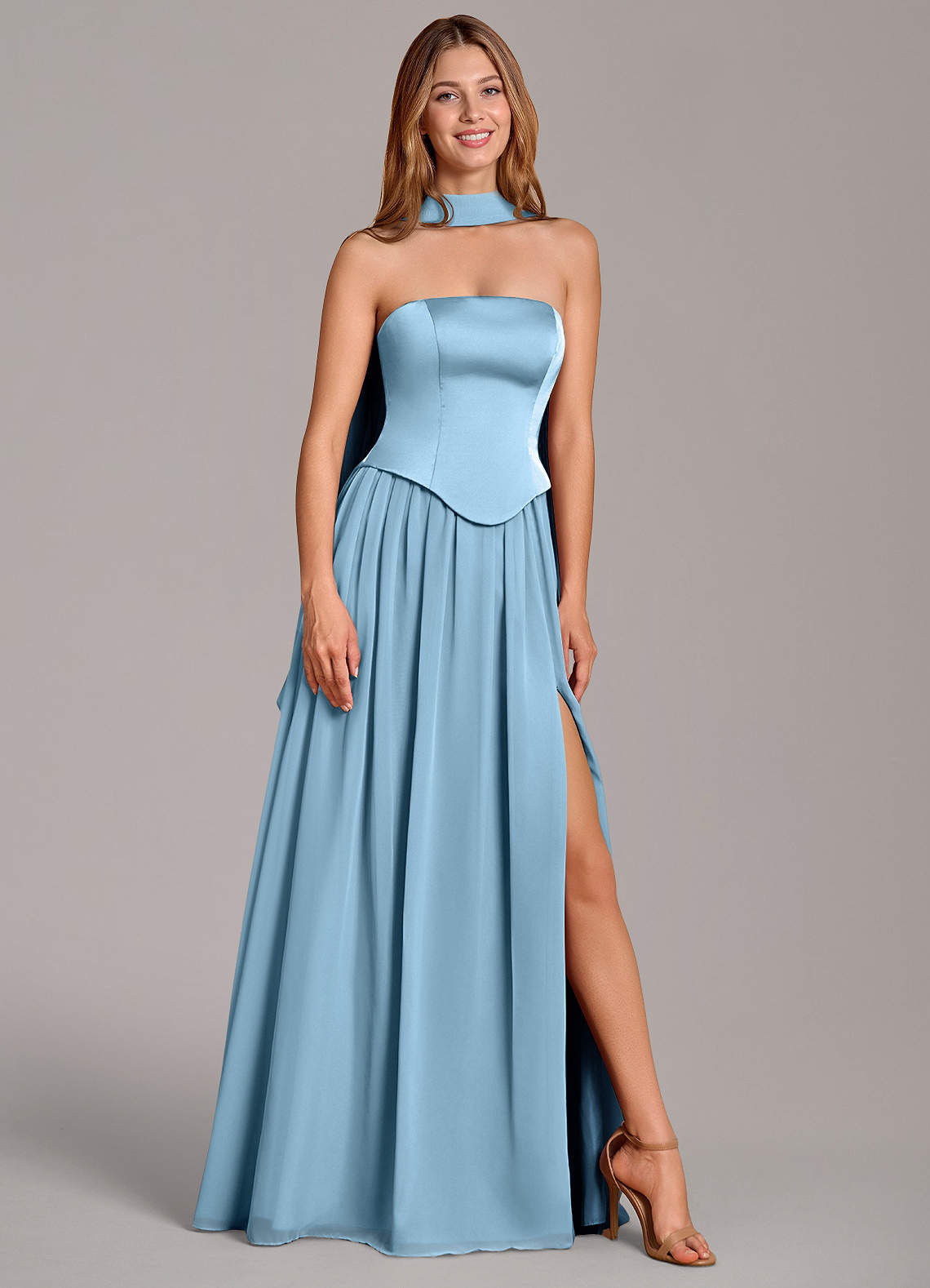 Cadence A-Line Strapless Chiffon and Stretch Satin Bridesmaid Dress in Steel Blue