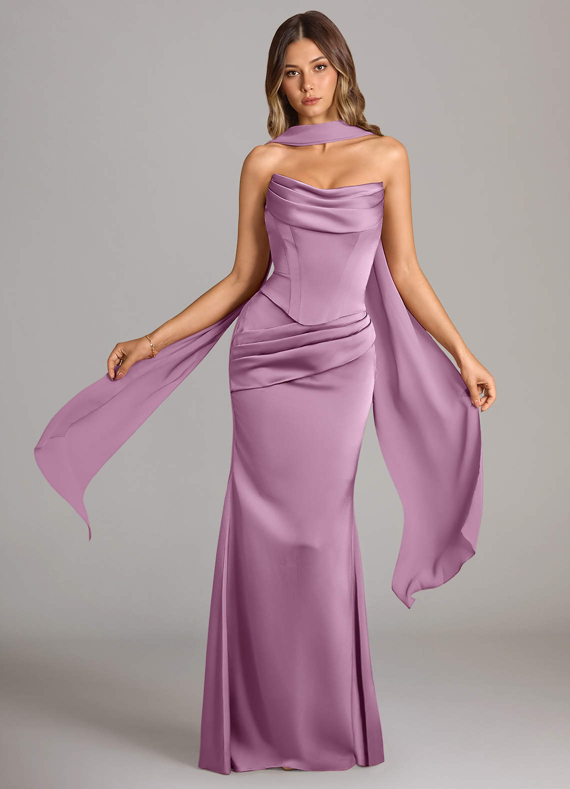 Sorrel Mermaid Cowl-Neck Stretch Satin and Chiffon Bridesmaid Dress in Wisteria