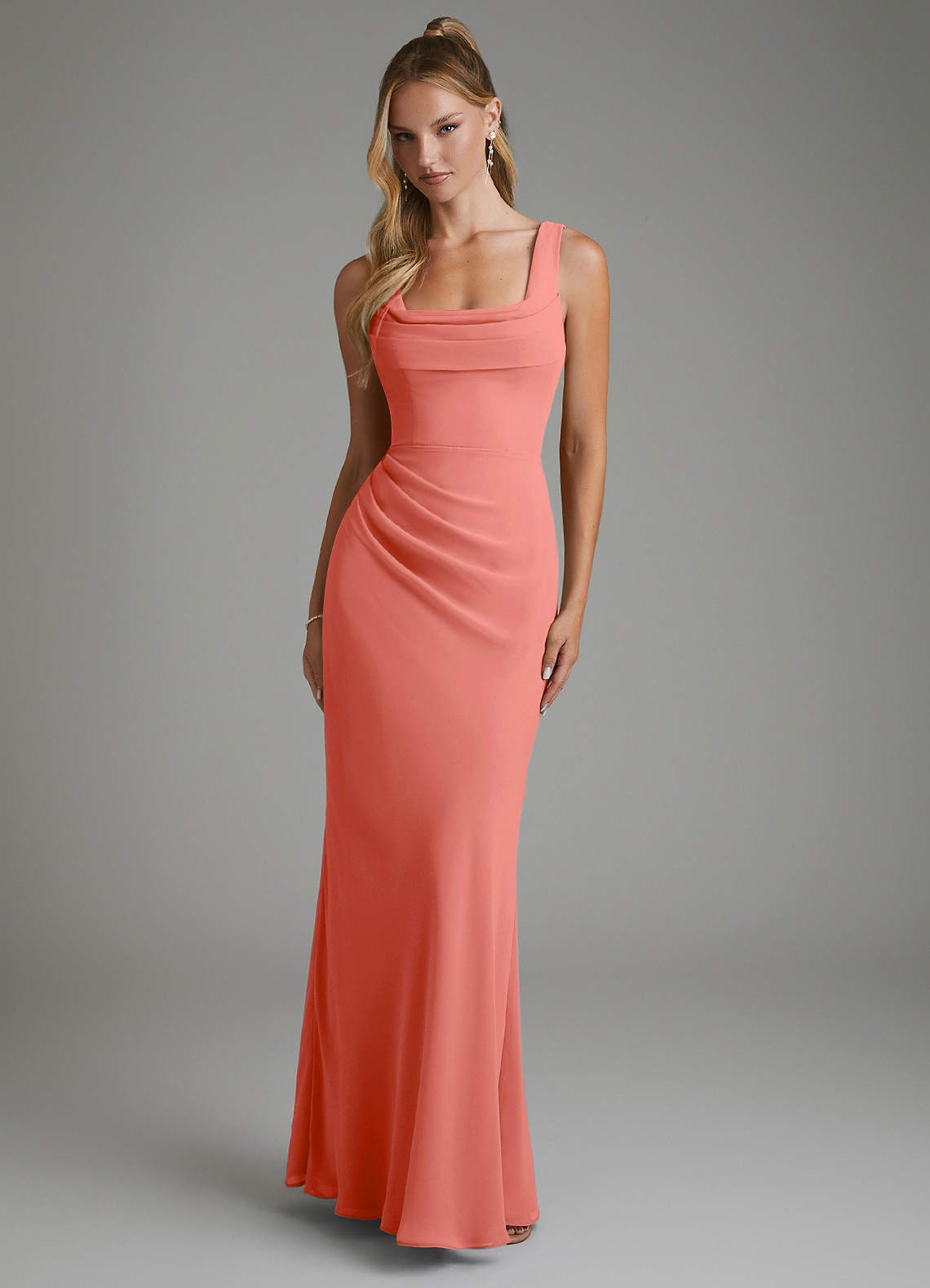 Asa Sheath Square-Neck Chiffon Bridesmaid Dress in Salmon Pink