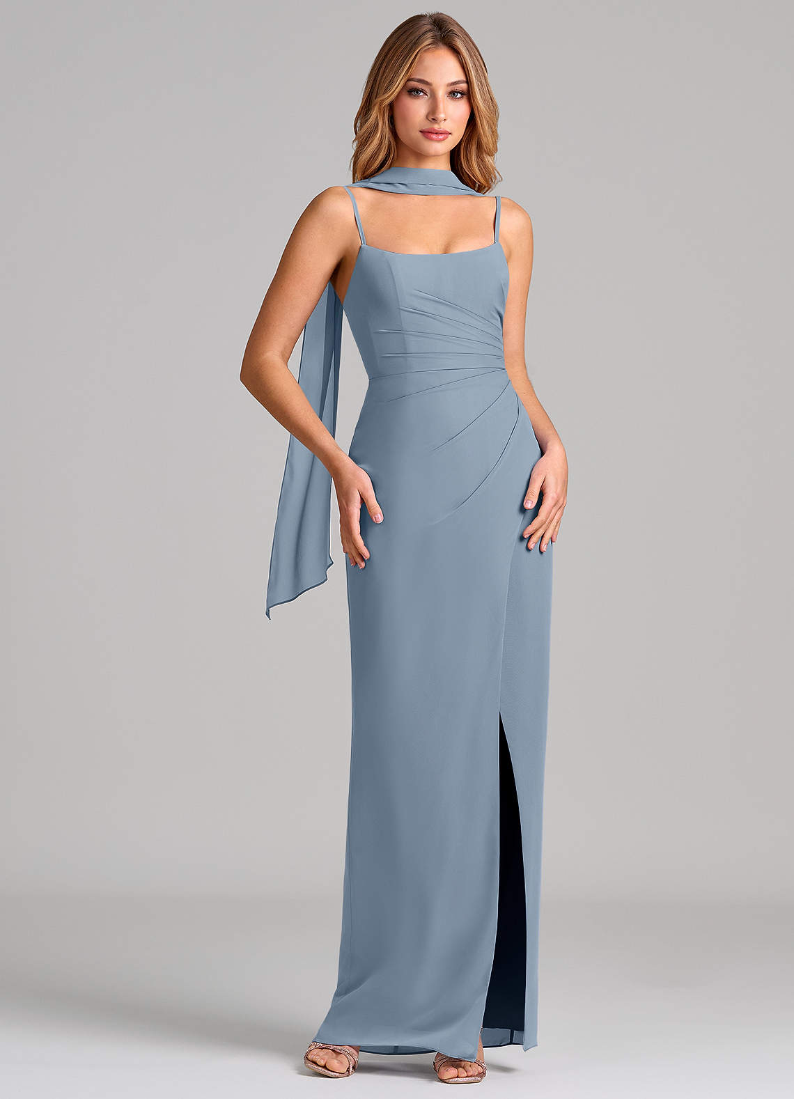 Calandra Sheath Scoop-Neck Chiffon Bridesmaid Dress in dusty blue