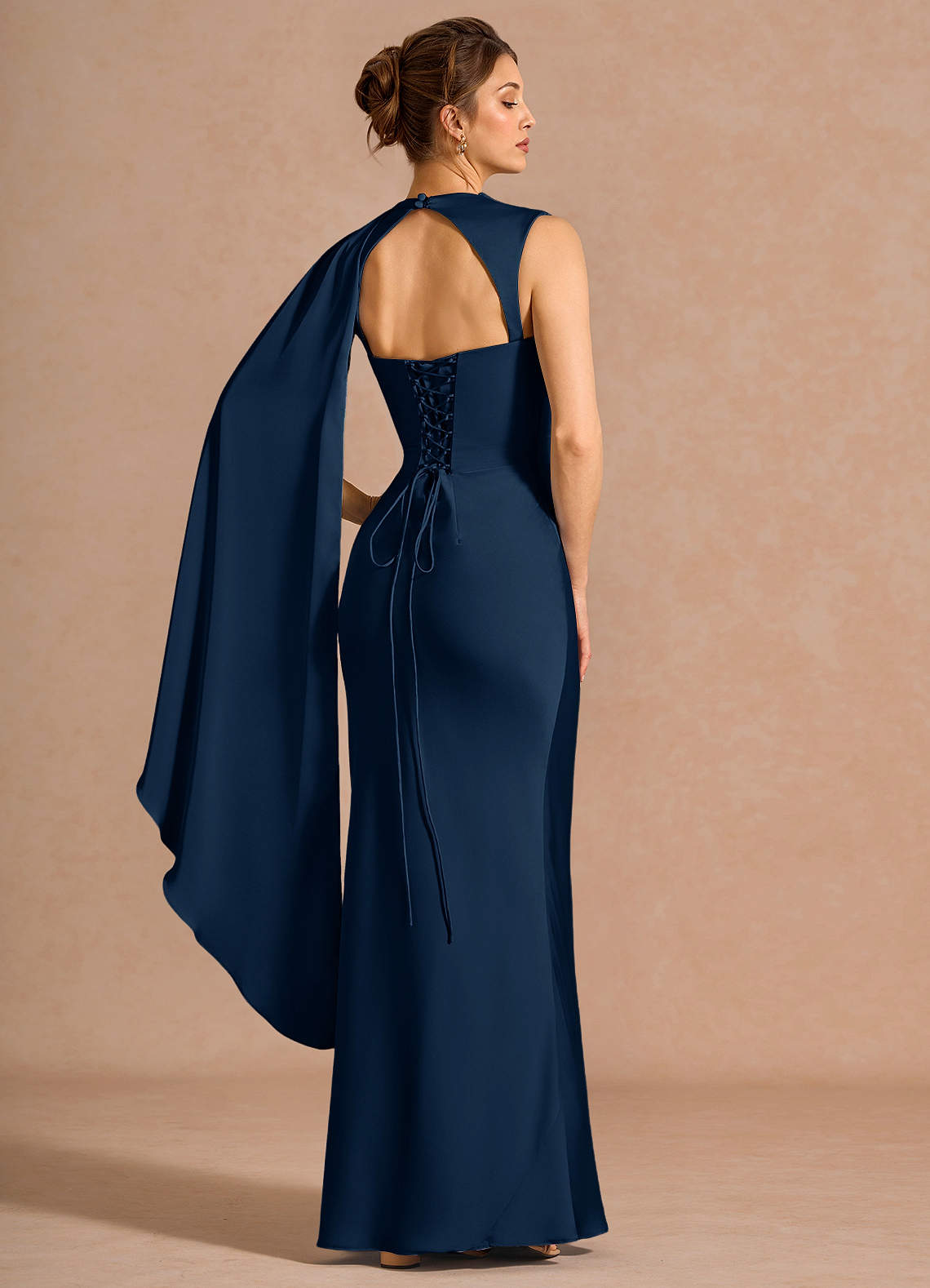 Chesney Cape-Sleeve Pleated Stretch Satin Wedding Guest Dress in Navy