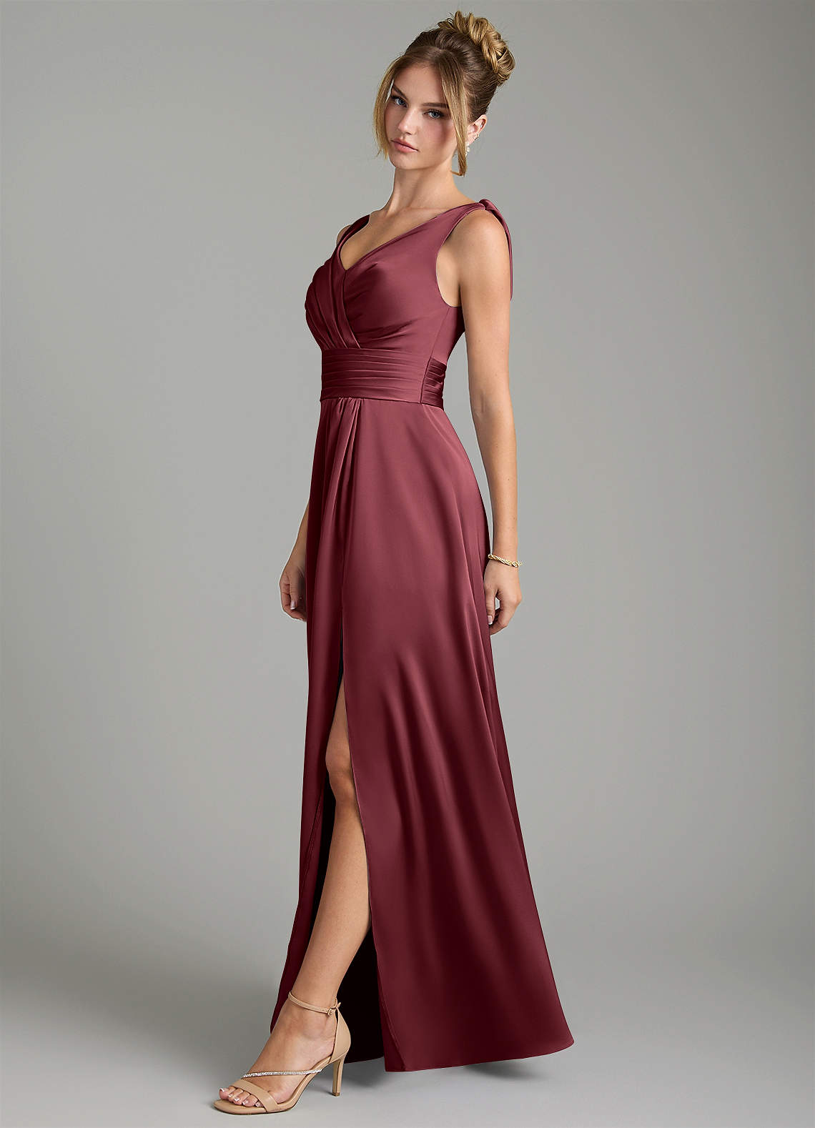 Karina A-Line V-Neck Stretch Satin Bridesmaid Dress in Merlot
