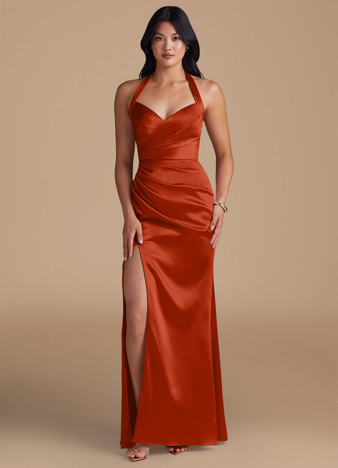 Emeria Sheath Halter Metallic Satin Bridesmaid Dress in Paprika
