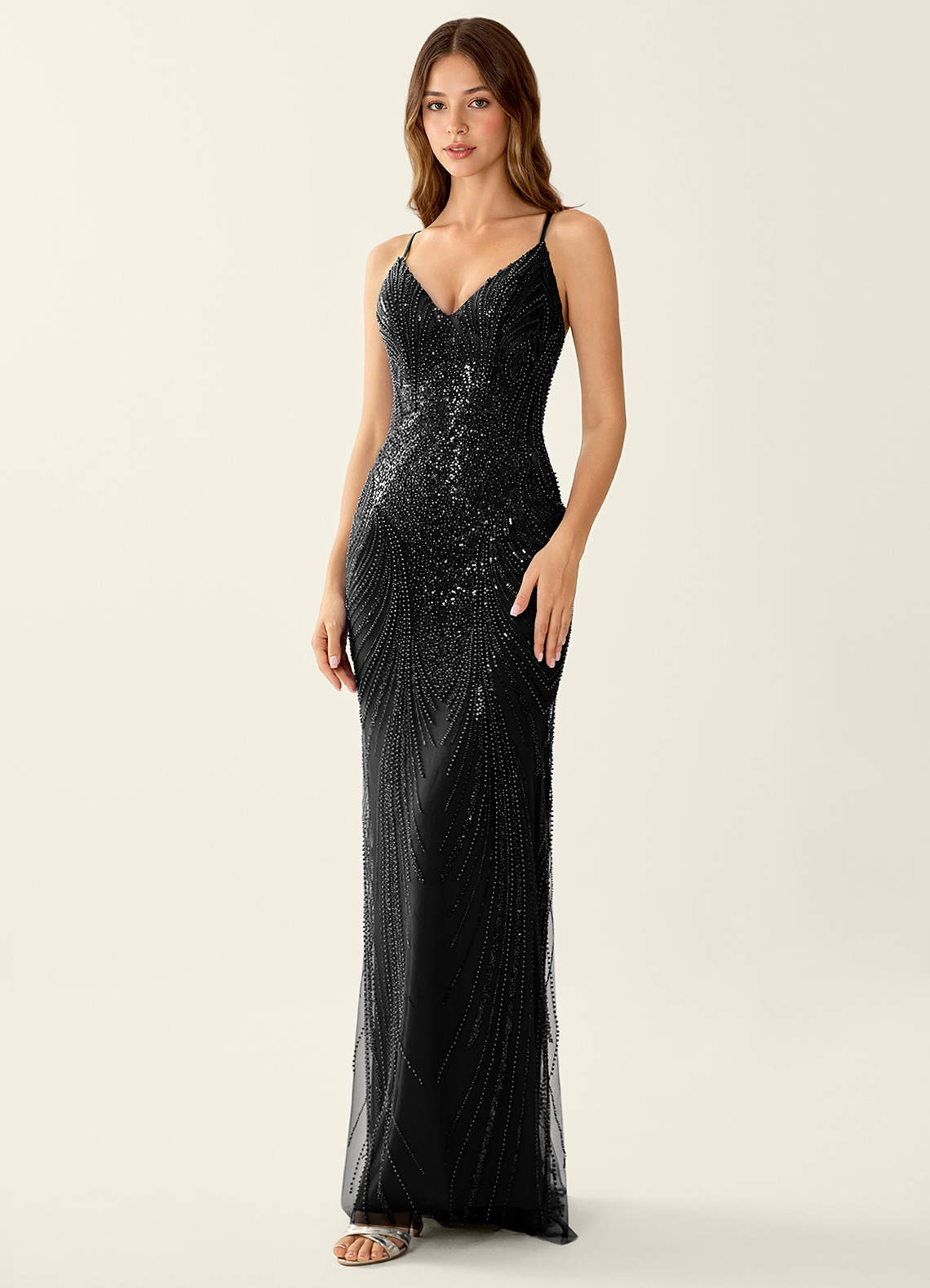 Magnolia Mermaid Beaded Sequined Stretch Mesh Evening Dress in black