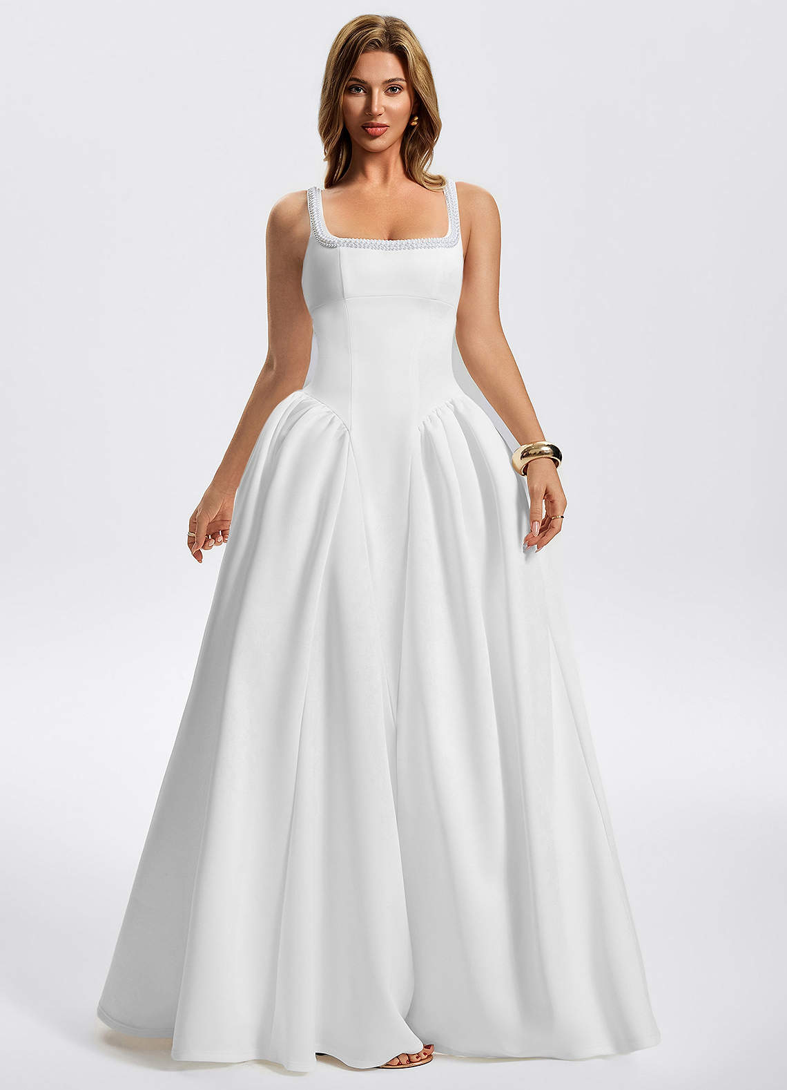 Kaelin A-Line Square-Neck Stretch Knit Evening Dress in White