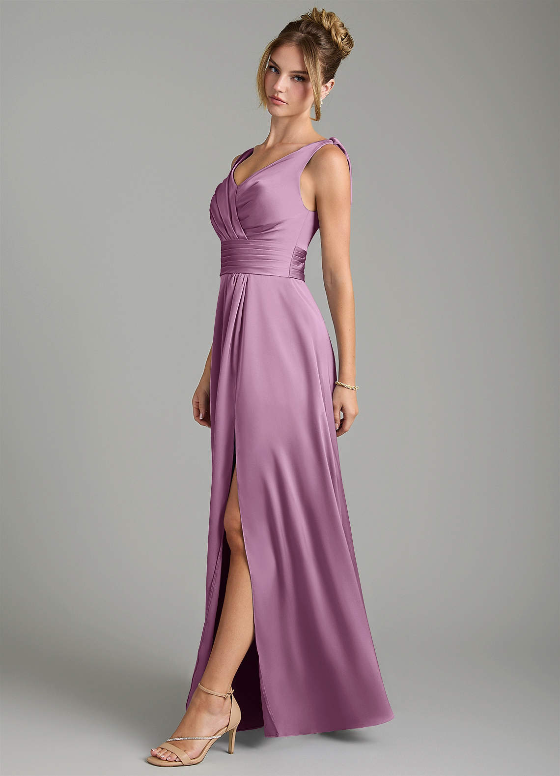 Karina A-Line V-Neck Stretch Satin Bridesmaid Dress in Wisteria