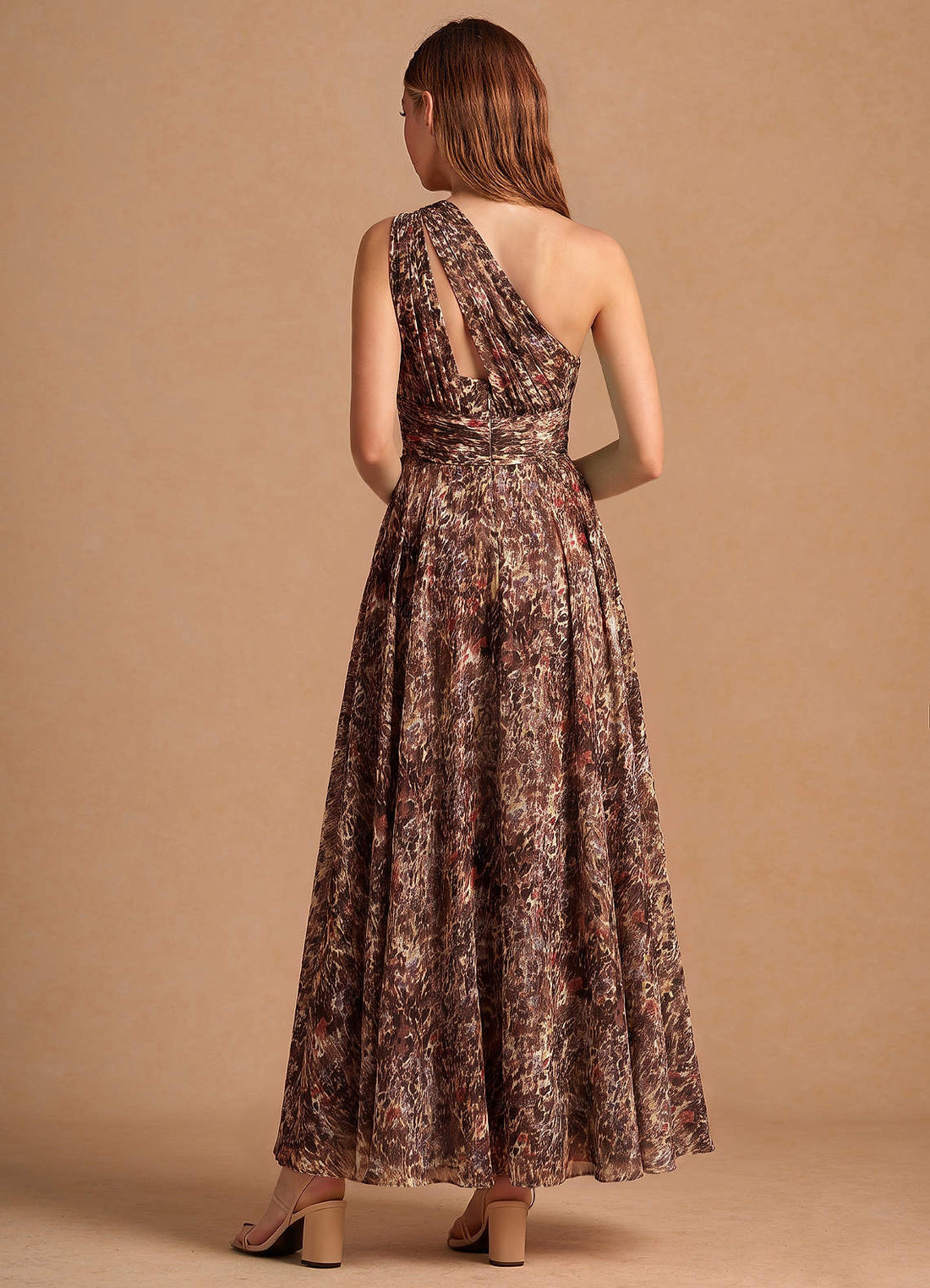 Noelle A-Line Twisted-Shoulder Chiffon Wedding Guest Dress in Truffle