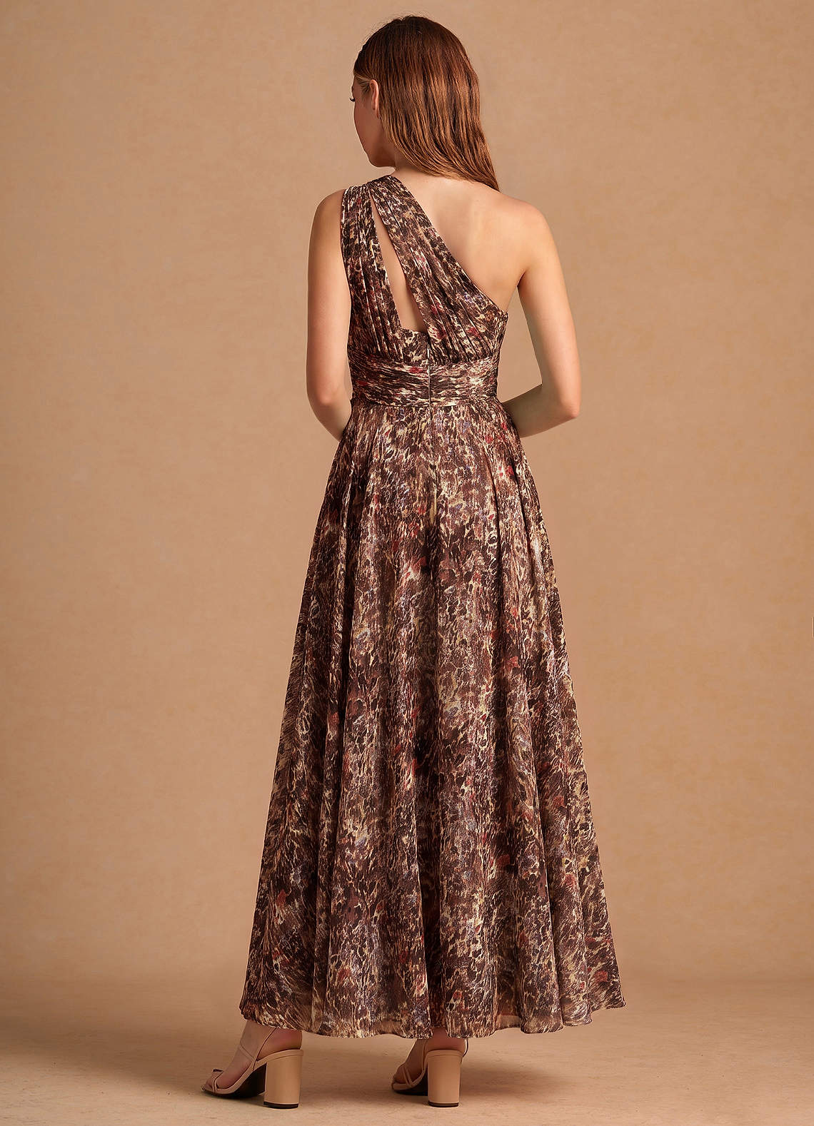 Noelle A-Line Twisted-Shoulder Chiffon Wedding Guest Dress in Truffle