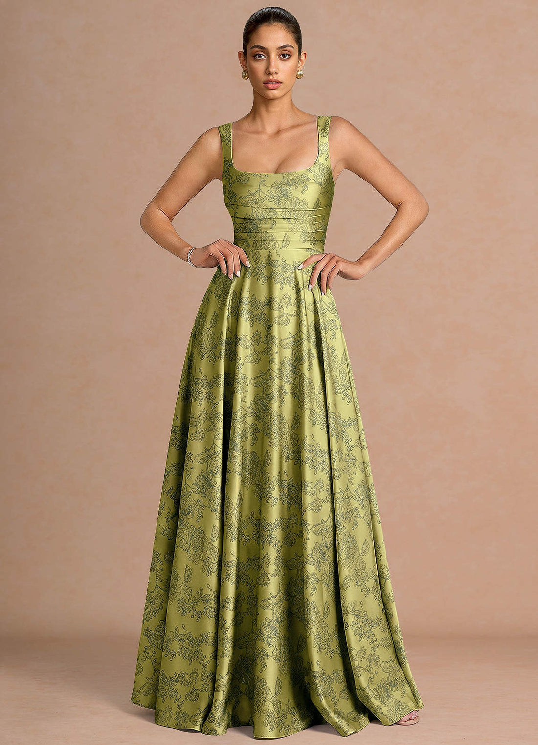 Azaria A-Line Square-Neck Jacquard Evening Dress in Moss Navy