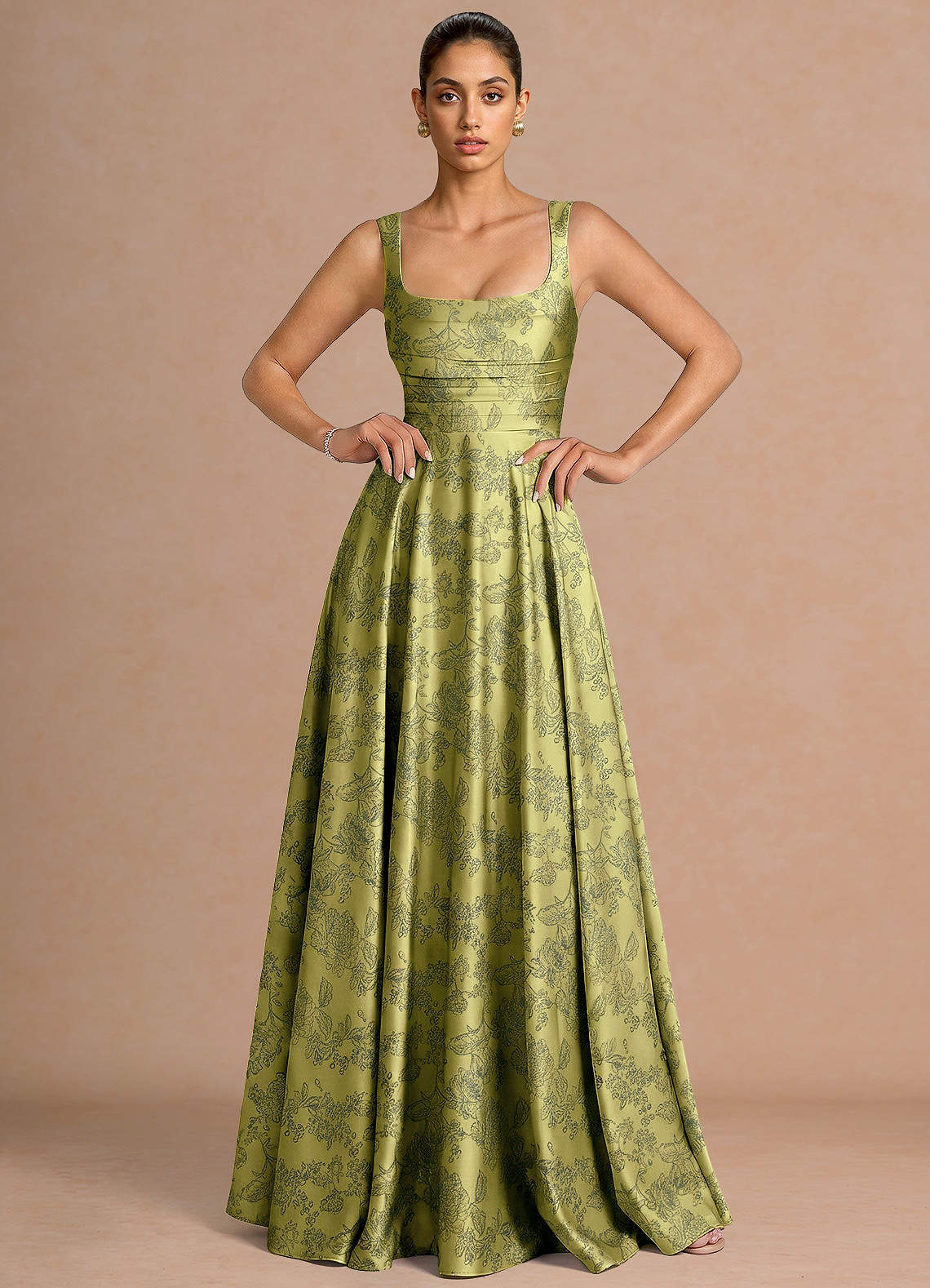 Azaria A-Line Square-Neck Jacquard Evening Dress in Moss Navy